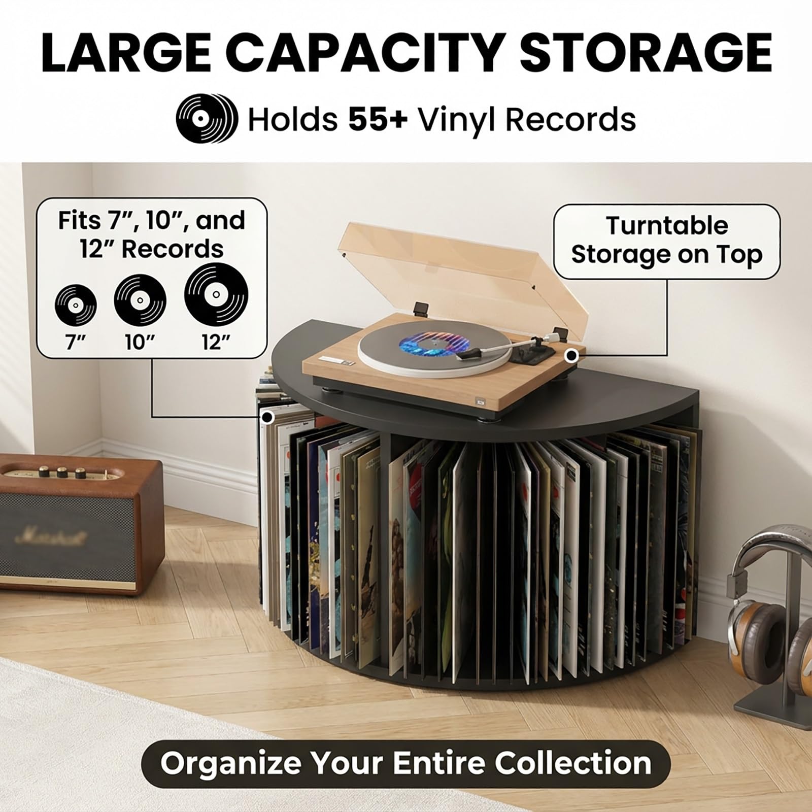Stojak Na Gramofon Z Miejscem Na PłYty Winylowe DużY Stojak W Stylu Mid-Century MieszcząCy Do 55 PłYt Winylowych(Czarny)