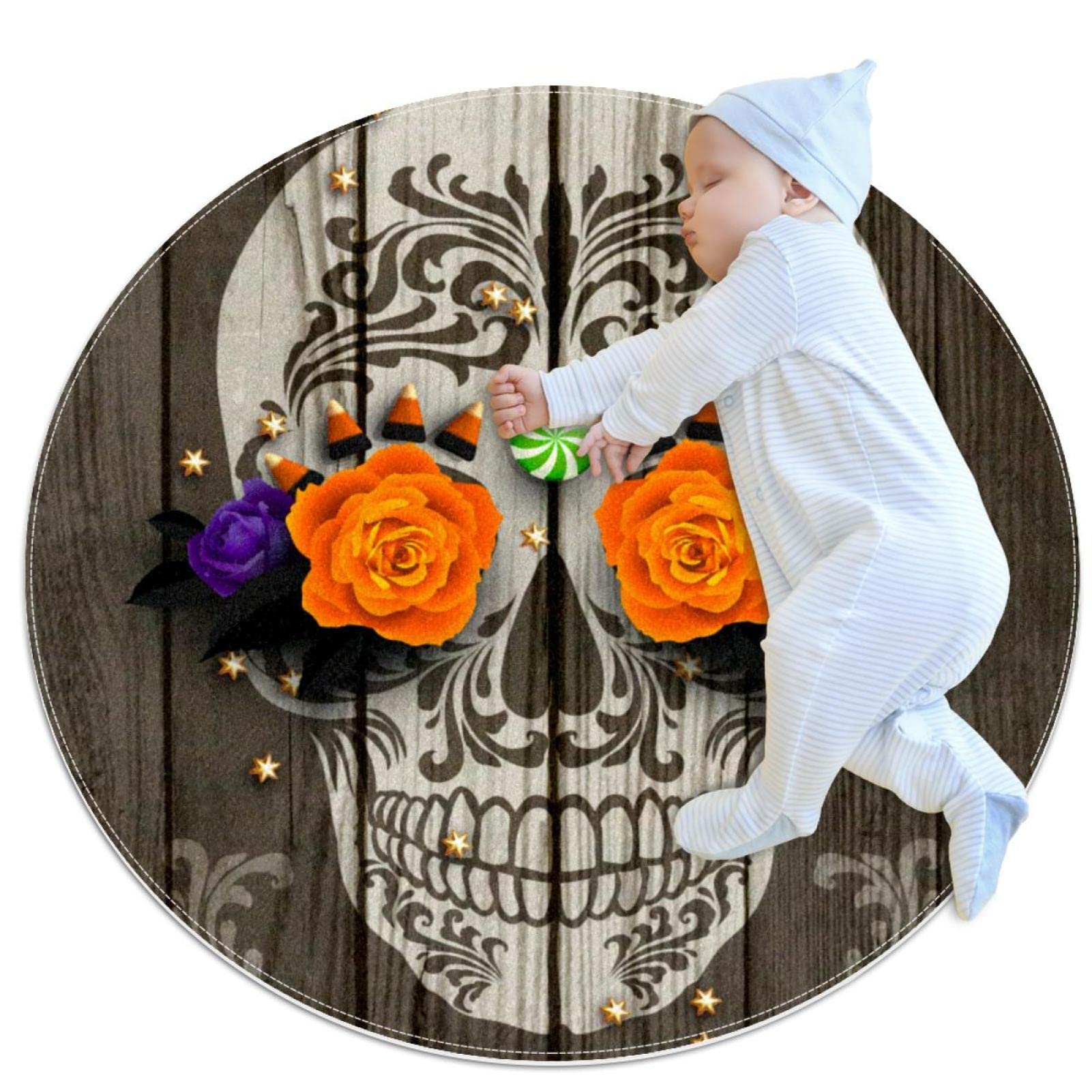 Tapis de jeu Halloween crâne en format rond 80x80cm aux finitions soignées pour enfant