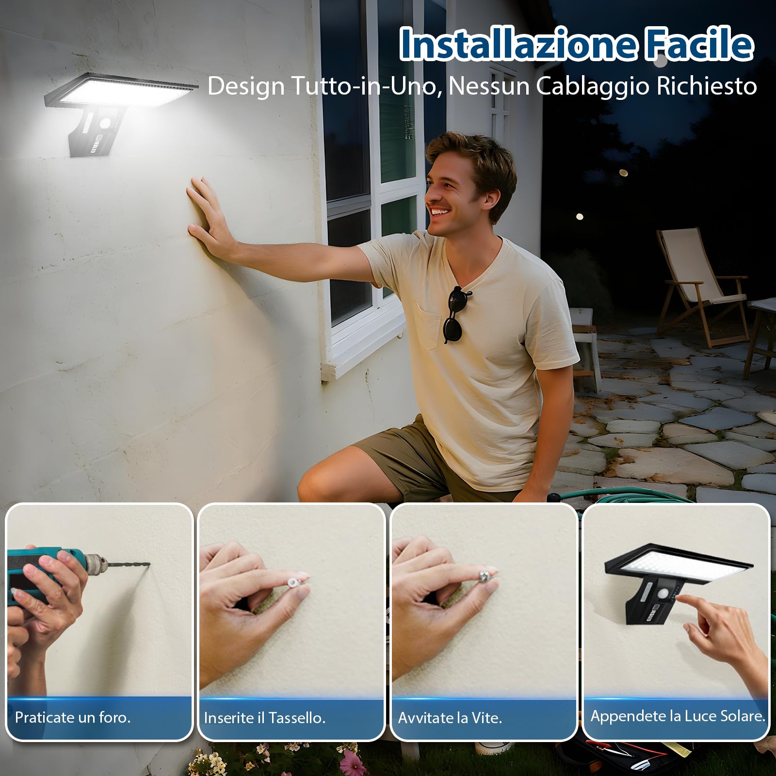 JESLED Luce Solare Esterno, 90 Faretti a LED con Sensore di Movimento, 3 Modalità 2600mAh Lampada con Telecomando, 3 Colori