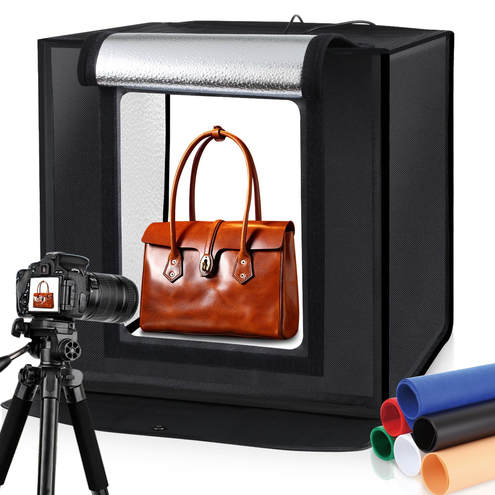 PULUZ Photo Studio Light Box Portable 60 x 60 x 60 cm Light Tent LED 5500K Mini 60W Photography Studio Tent Kit with 3 Removable Backdrop Black Orange White UK Plug