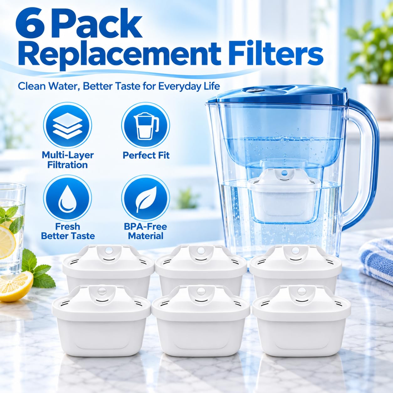 6 Cartouches Filtrantes pour Carafe pour BWT Aqualizer 2.6 L