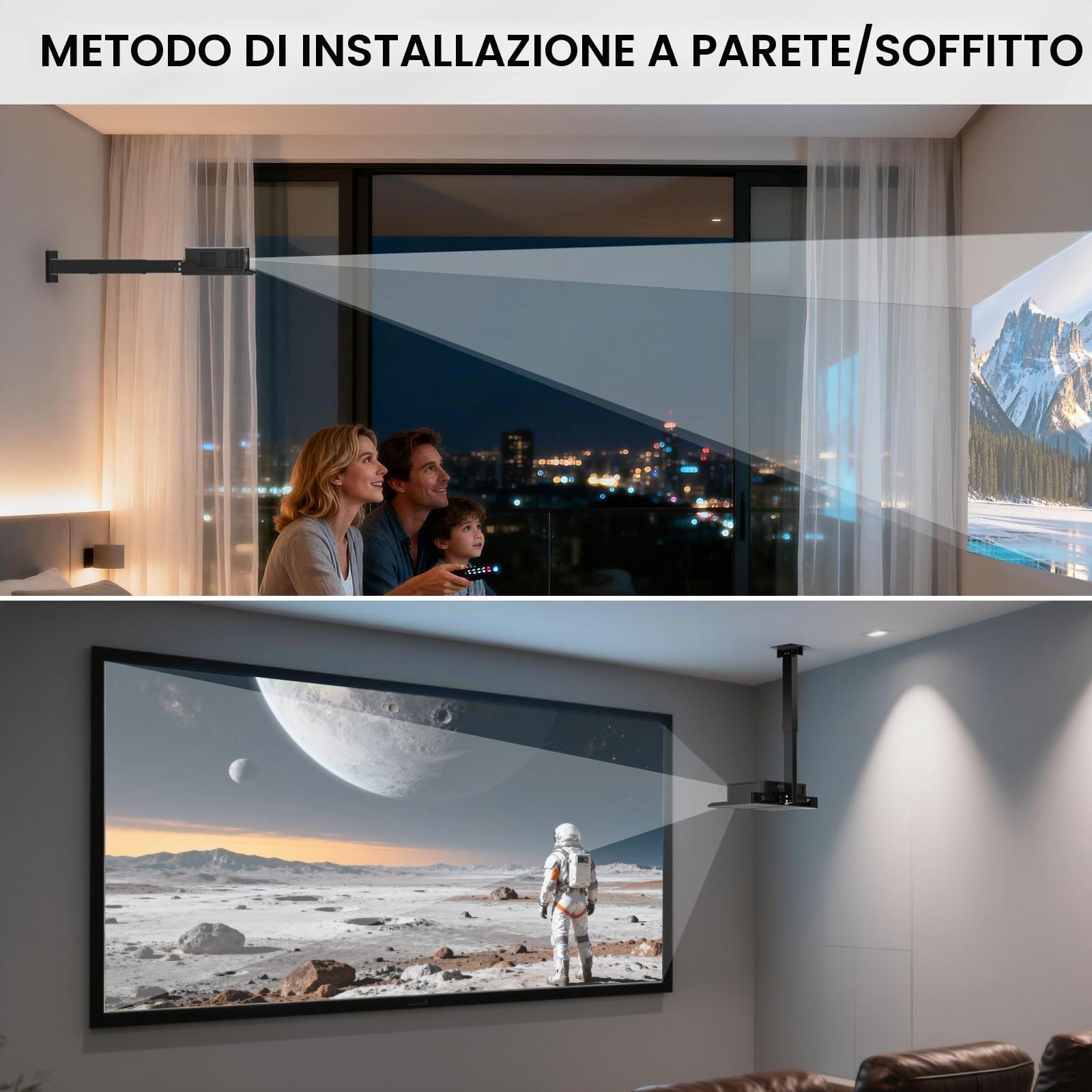 WALI Supporto Proiettore Soffitto e Parete, Staffa Proiettore Regolabile in Altezza da 57,8 a 76,8 cm, Supporto Installazione Senza Foratura, Supporta fino a 10 kg(PM-005-B), Nero