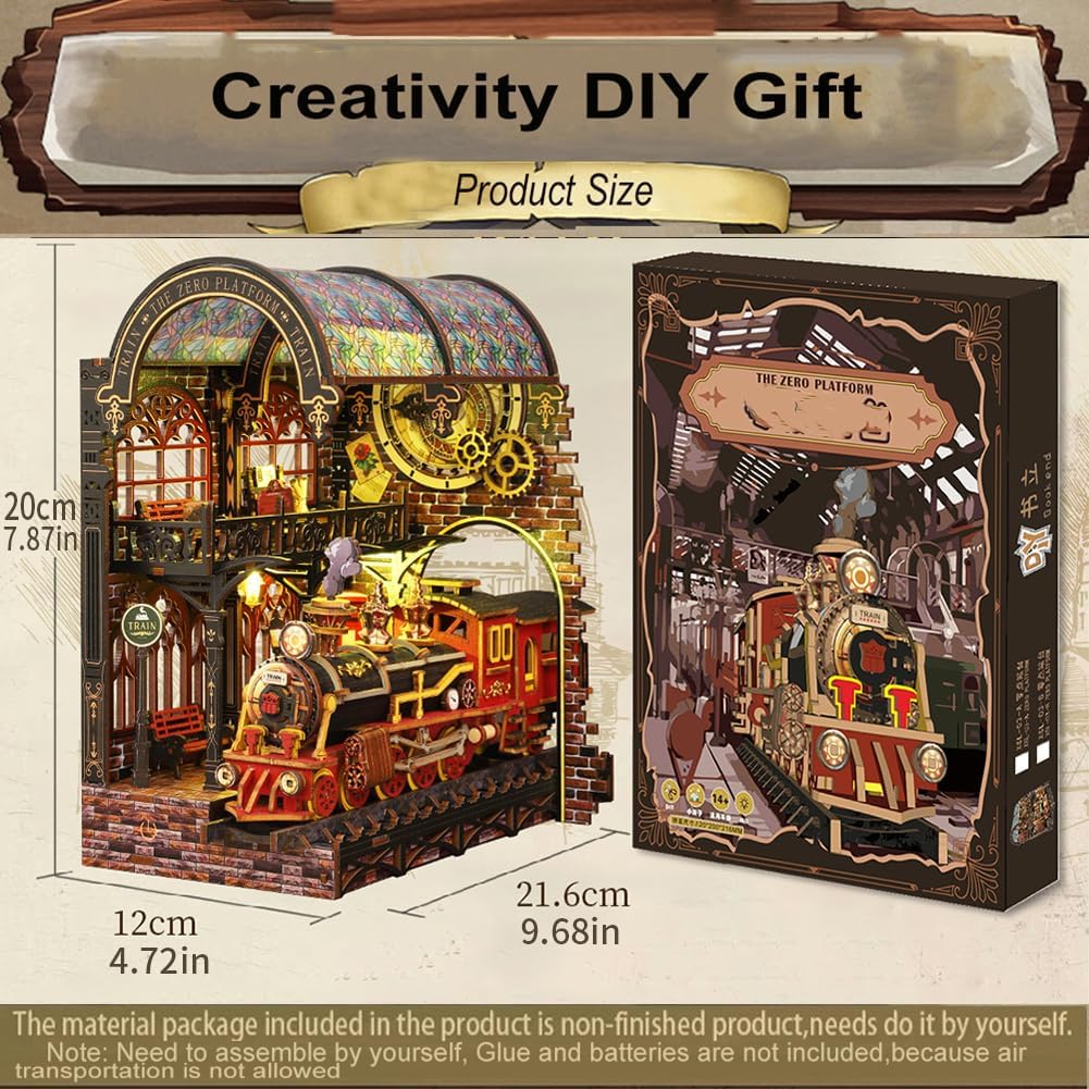 DIY Book Nook Kit, 3D Puzzle Miniature Train Station Bookshelf Insert, Christmas Theme Dollhouse, Adult Craft Project