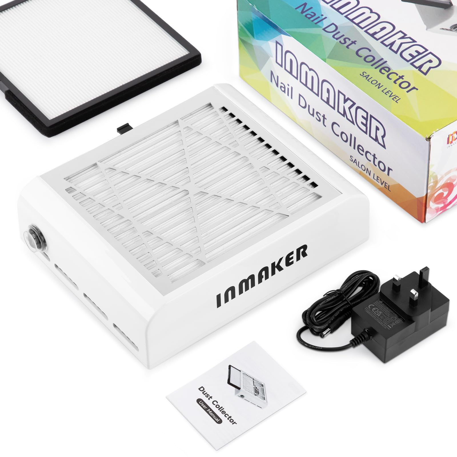INMAKER Aspirateur Ongles Professionnelle Avec 2 Filtre Remplaçable | 60W Aspirateur Ongle Manucure pour Nail Art ou Salon, Blanc