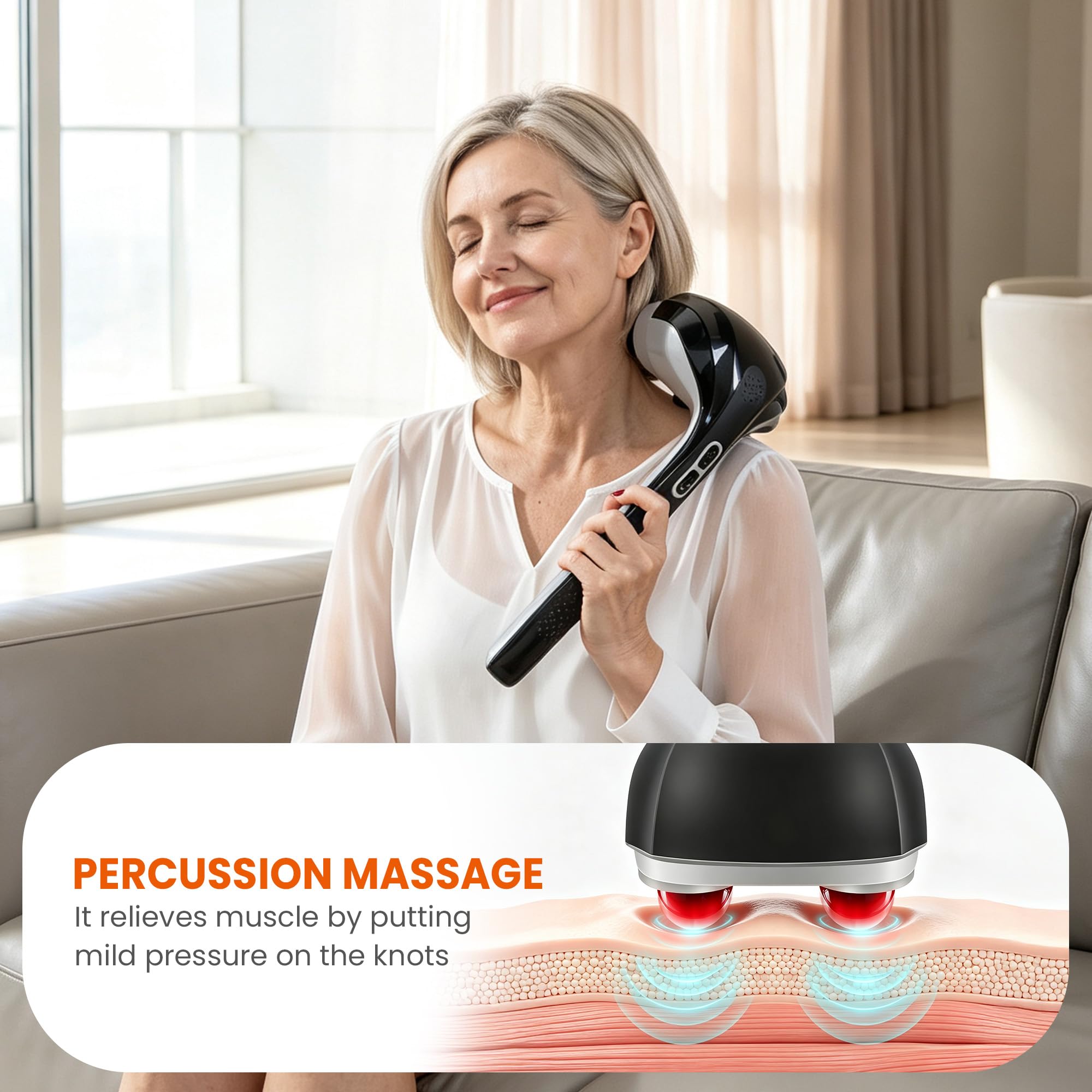 Snailax Masajeador de Mano Eléctrico para Espalda - masaje de percusión inalámbrico recargable con calor para espalda, masajeador portátil para aliviar el dolor, fatiga