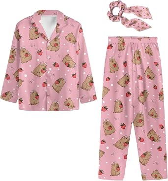 Renewold Womens Pajamas 3 Pieces Set Sleepwear with Bow Hair Scrunchies Womens Loungewear Long Sleeve Nightwear Pjs Set