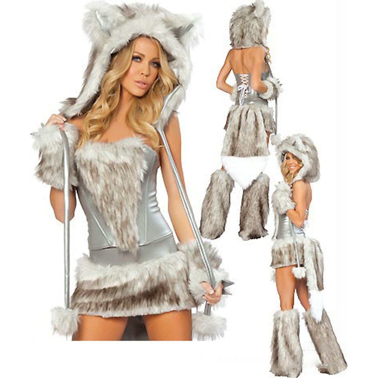 Celanisai Carnival Costumes Women's Pirate Costume Leopard Wild Cat Costume Foxes Outfit Faux Fur Cosplay Dress Plush Cat Ears Party Dress Carnival Halloween Cat Costume Theme Party, Q Grey, One size