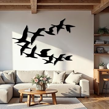 Flock of Birds Metal Wall Art, Flying Birds Metal Wall Decor, Bird Silhouette Wall Decor, Geese Decorations, Rustic Farmhouse Wall Sculpture, Modern Bird Decorations for Home Black, 19"x14"/47x36cm
