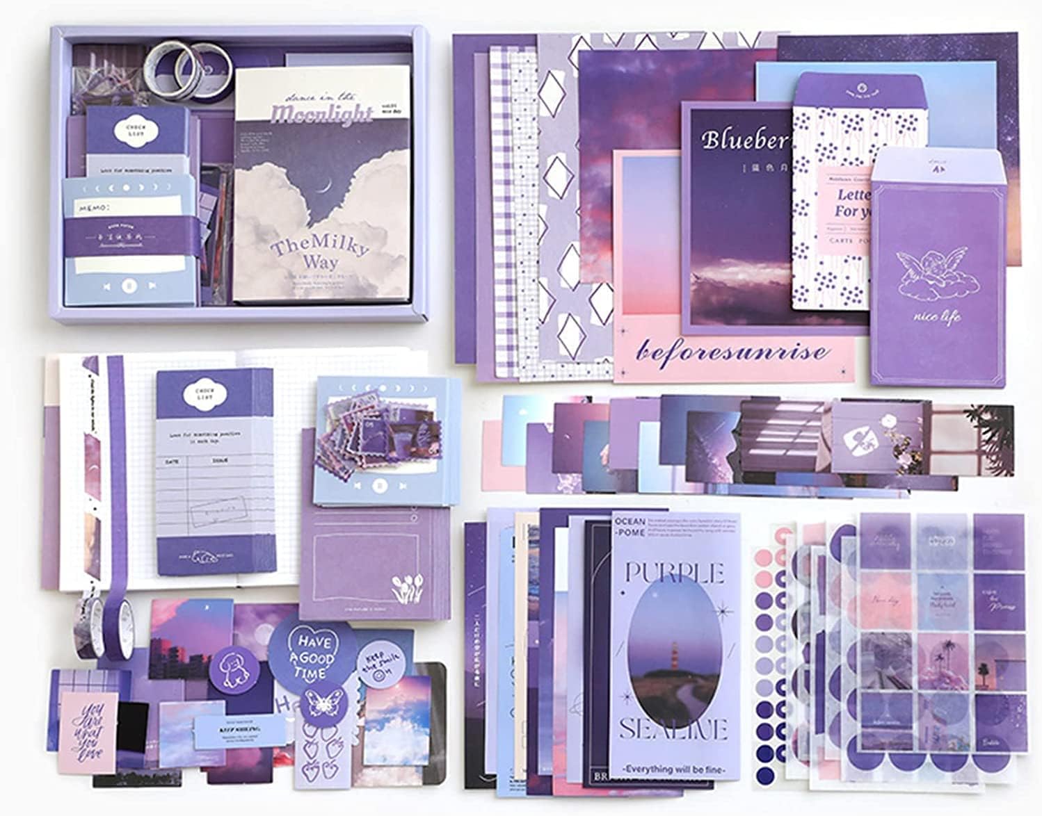 MGNLR Paper Vintage Aesthetic Scrapbook Kit(346Pcs) Scrapbooking Supplies Kit with Bullet Junk Journal,Stationery,A6 Grid Notebook Journaling Gift for Girl (Purple Scrapbook)