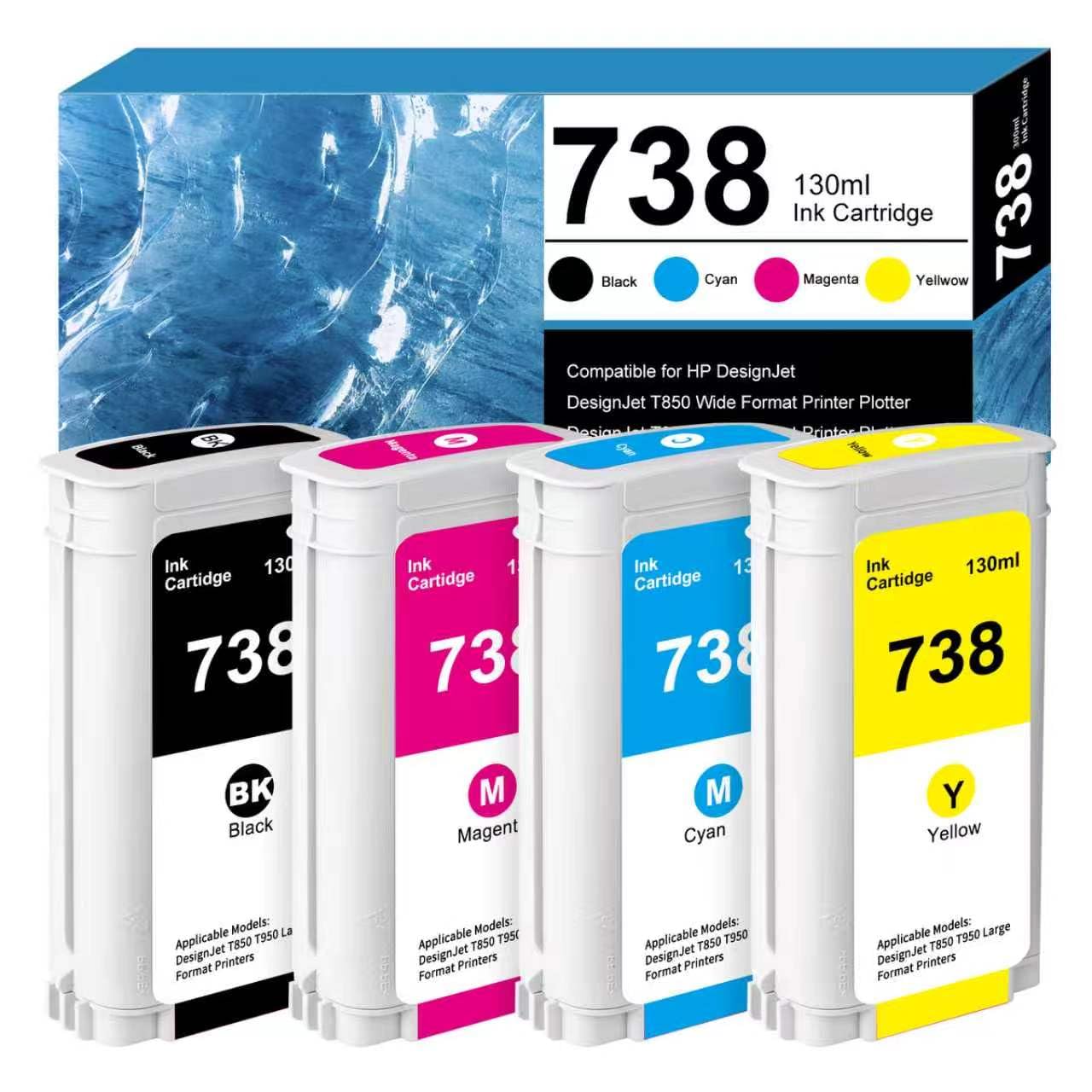 738 Cartouches d'encre 130-ml pour HP 738(BK/C/M/Y, Lot de 4)