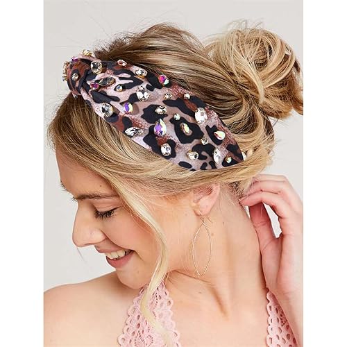Miniatura 2 de NVENF Diadema de leopardo para mujer, diadema con diamantes de imitación y perlas, diadema de guepardo adornada, diadema bohemia con nudo superior,