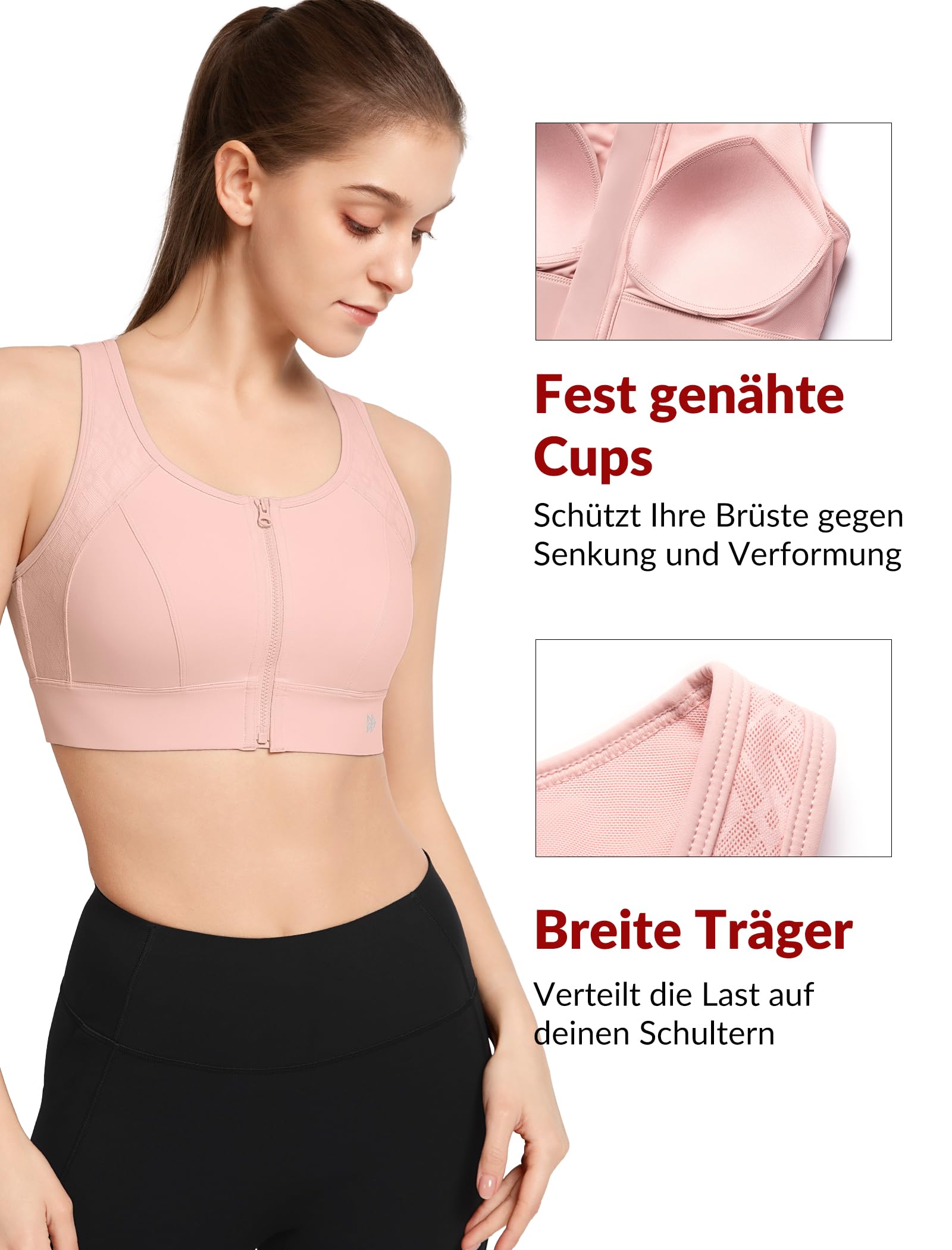 Yvette Soutien Gorge de Sport Femme Zipper Haut Maintien Grande Taille Dos Nageur sans Armature Coques Intégrées Idéale pour Running Fitness