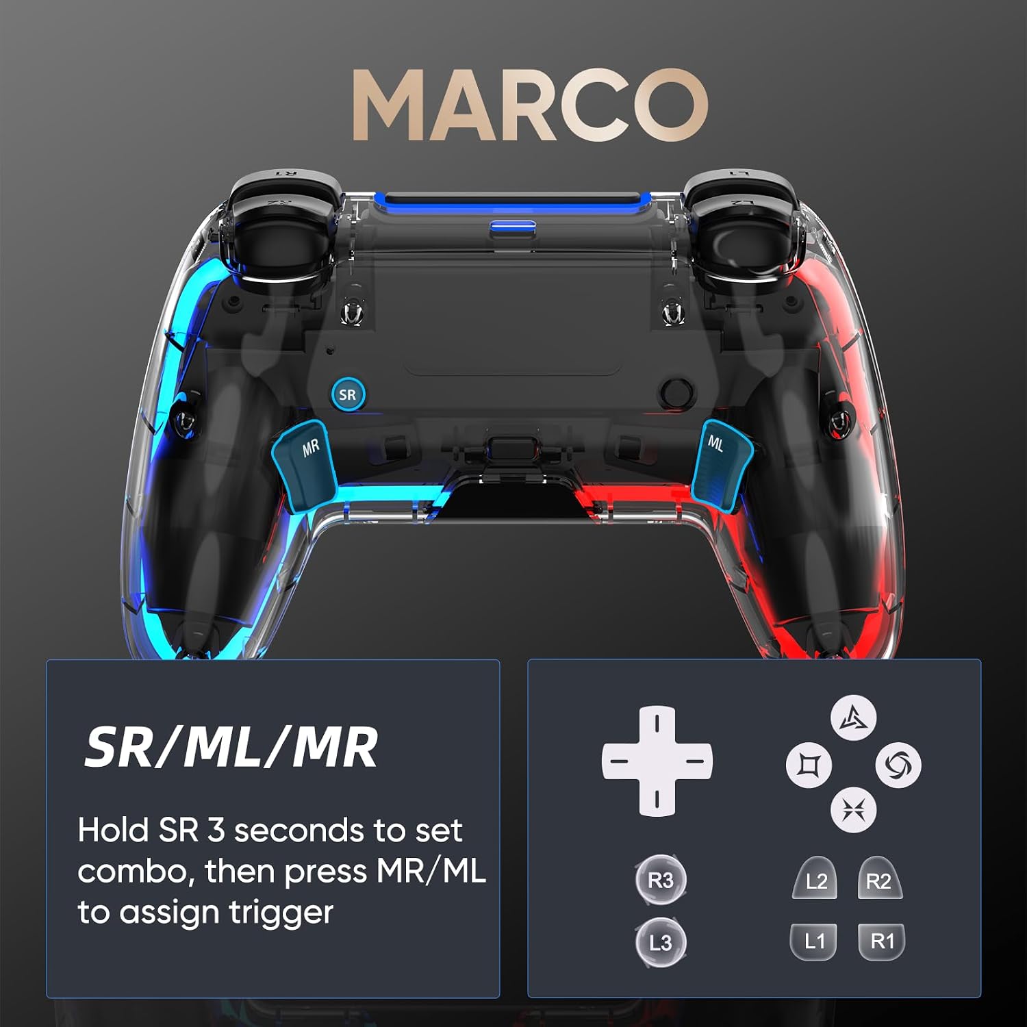 BETMI Wireless Controller for PS5, Pro/Slim/MAC/Steam Deck/PC (Transparent) | Hall Effect Joysticks,Dual Vibration, Marco/Turbo, 3.5mm Audio Jack, 6-Axis Gyro, LED Gamepad with Speaker, L Red R Blue 5 71jjndbN7mL. SL1500