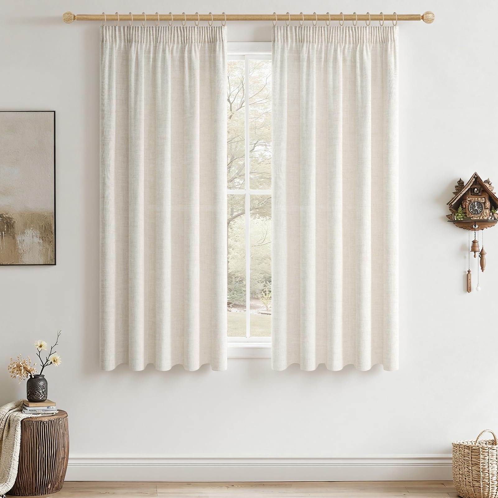 CUTEWIND Vorhang Kurz Leinenoptik Elfenbeinweiß Vorhänge Beige Optik Gardinen für Schienensystem 2er Set 145x140 cm (H x B), Gardinen Kinderzimmer Mädchen Halbtransparent Modern Fenster Schlafzimmer