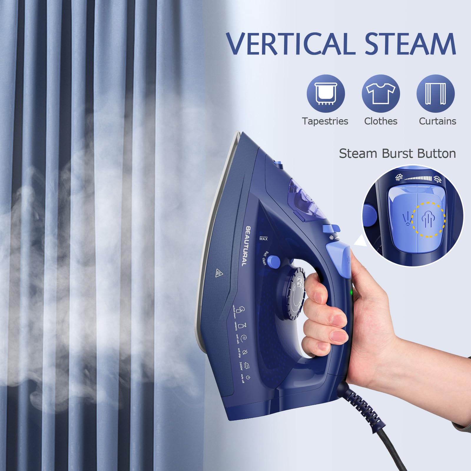 BEAUTURAL Ferro da Stiro per Vestiti con Termostato di Precisione, Piastra in Ceramica, Spegnimento Automatico, Autopulizia, Anticalcare, Antigoccia e Protezione dal Surriscaldamento, 2600W