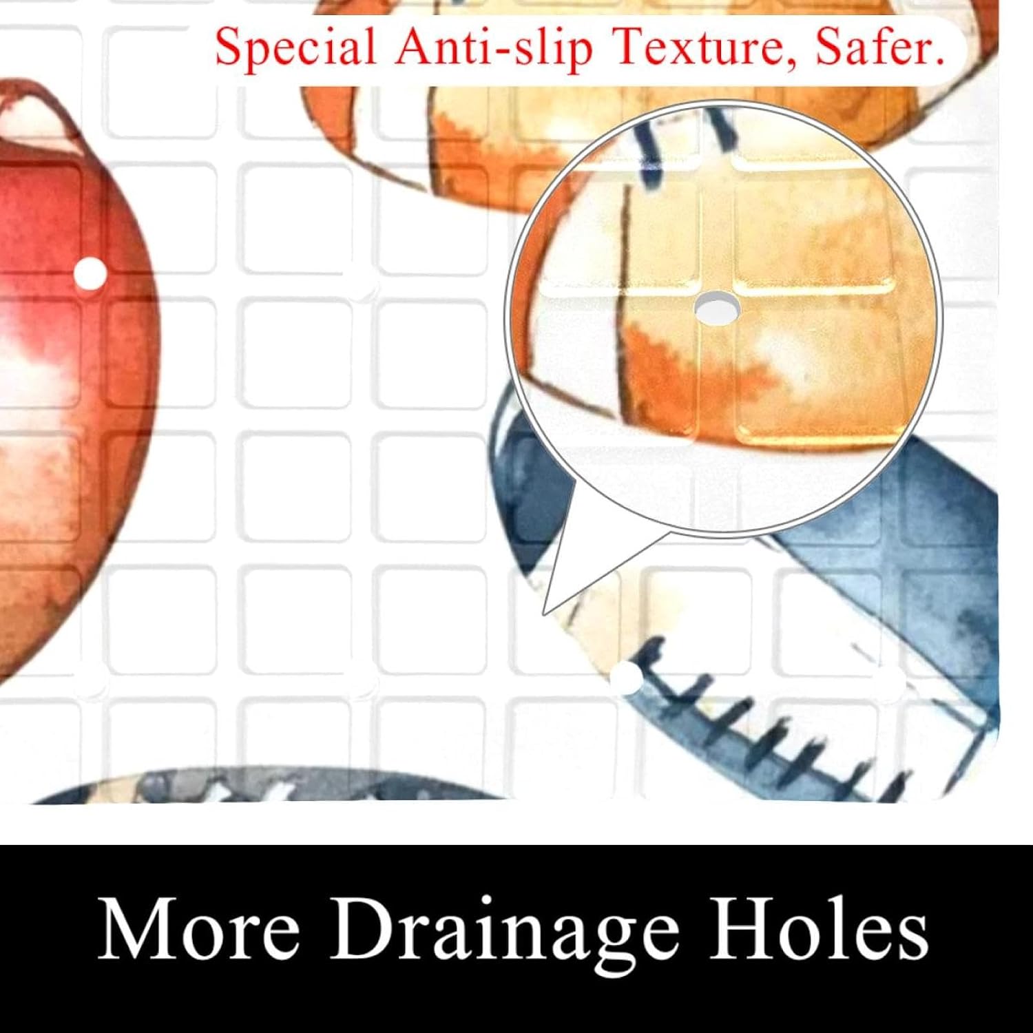 Watercolor Rugby Ball Bath Tub and Shower Mats, Non Slip Bathmat with Drain Holes and Suction Cups for Bathroom Floor, 15.1 x 26.8 Inch