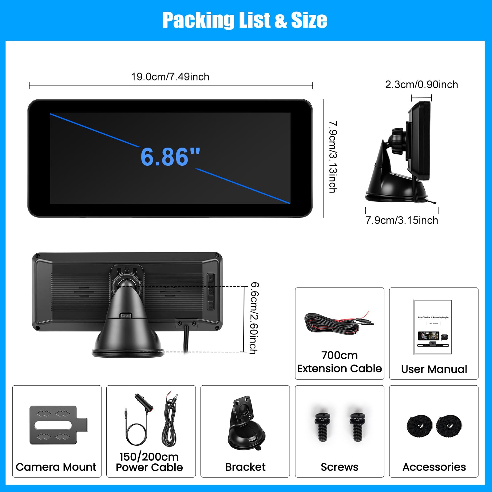 Cámara para bebés y Cámara de Marcha atrás 2 en 1, Monitor IPS con Pantalla de 6,86 Pulgadas, Dos cámaras HD 1080P con visión Nocturna, Gran Angular, para reposacabezas y matrícula del Coche