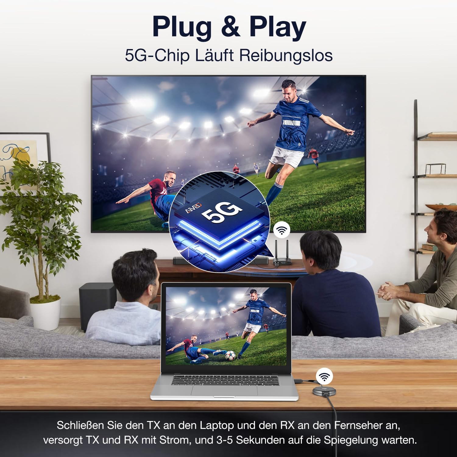 HDMI Wireless, Wireless HDMI Transmitter and Receiver, Dual Screen Wireless HDMI 4K/5G, 164FT/50M Screen Casting zu Monitor/Projektor, Multi-Kamera-Produktion, Schwarz