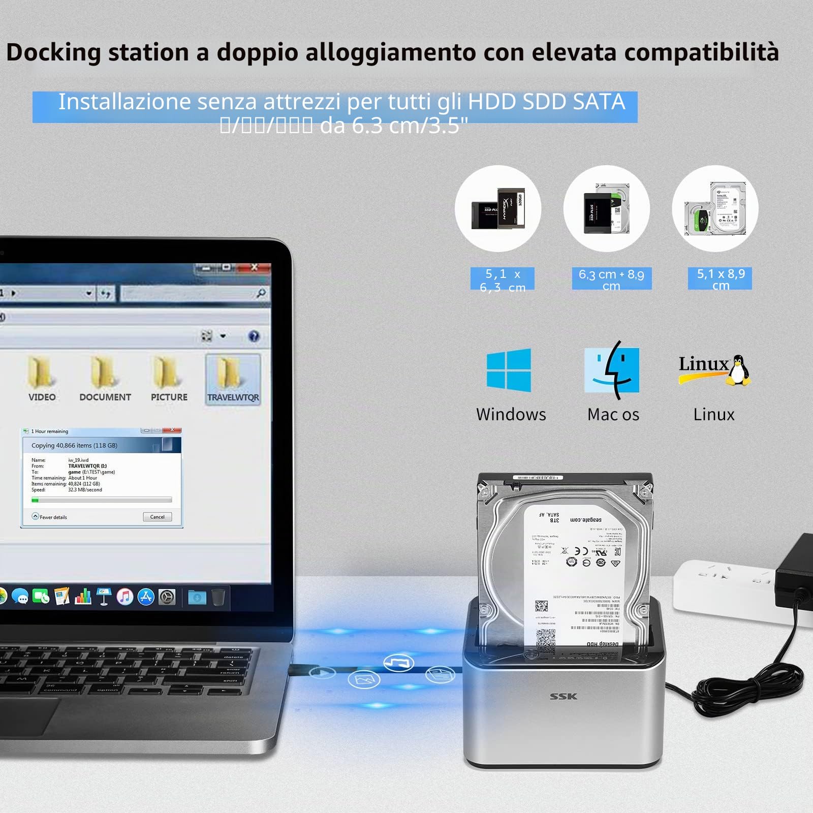 SSK docking station per disco rigido in alluminio, USB 3.0 a SATA Dual Bay per SSD SATA HDD da 2,5 e 3,5 pollici, con funzione cloner/duplicatore offline UASP (supporti 2x20TB)