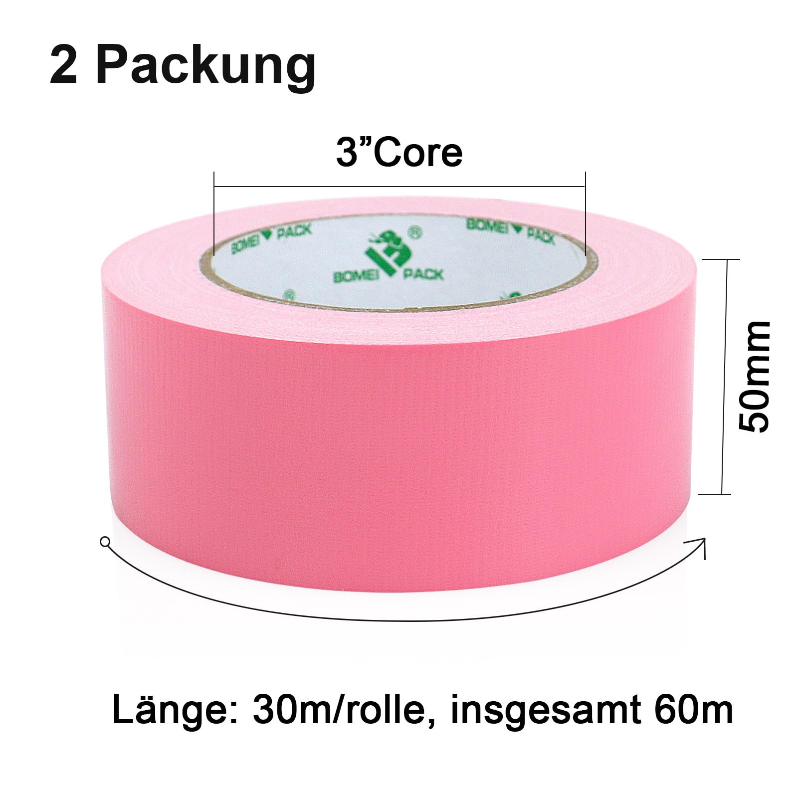 BOMEI PACK Lot de 2 rouleaux de ruban adhésif rose de 50 mm x 30 m - Ruban adhésif et imperméable pour réparer, fixer, renforcer et sceller