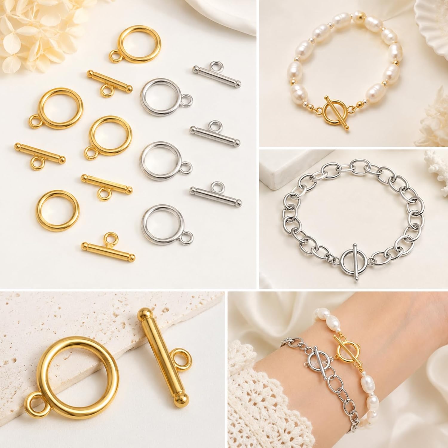 20 Sets Toggle Clasps for Jewelry Making, Alloy Round T-Bar Connectors Metal Bar and Snap Ring with Jump Rings for DIY Crafts Necklace Bracelet Clasp Closures Supplies (Gold, Silver)