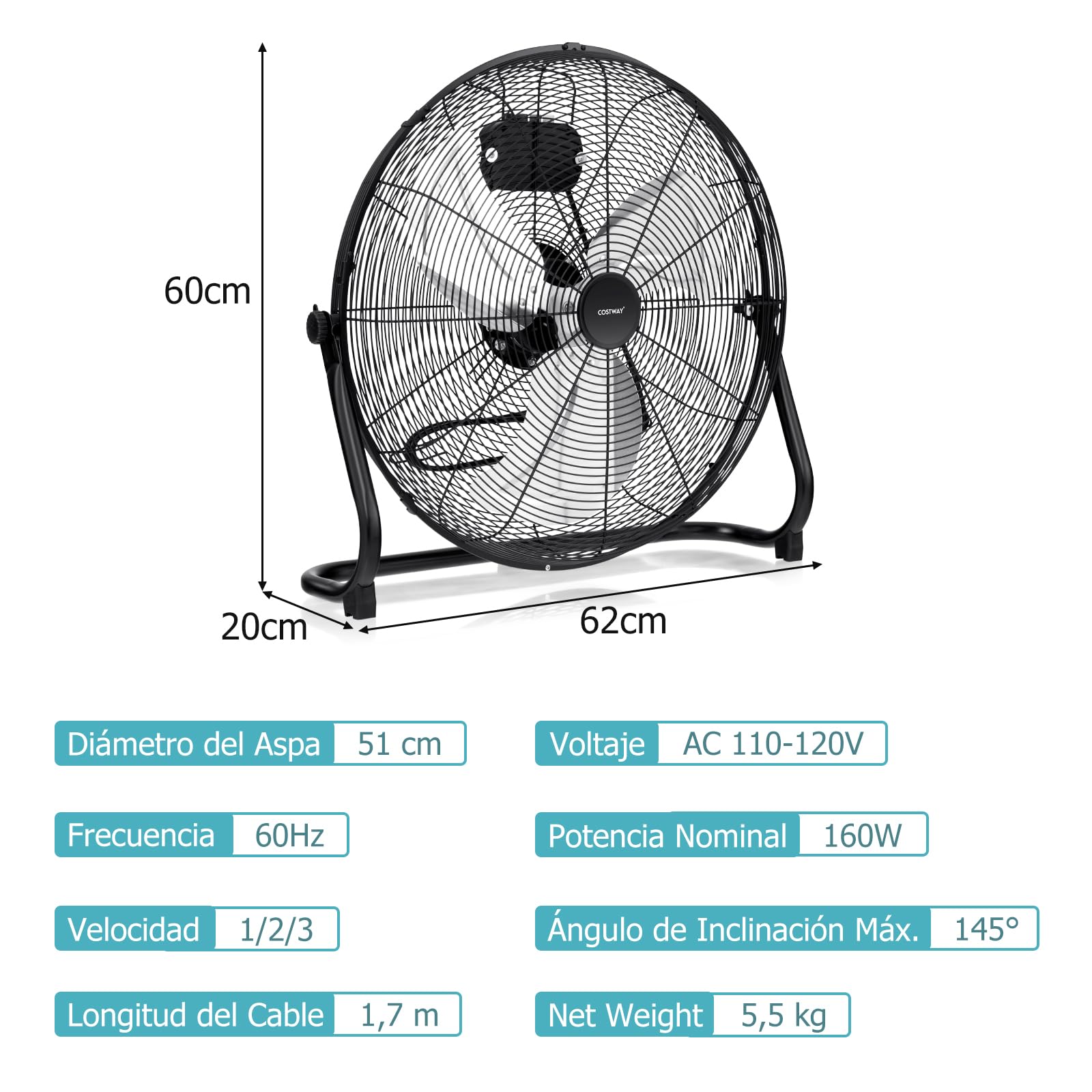 RELAX4LIFE Ventilador de Suelo Industrial Φ60cm con 3 Velocidades y Inclinación Ajustable, Ventilador Potente de Aluminio con Asa, Rejilla Segura y Patas Antideslizantes (62x60x20cm)