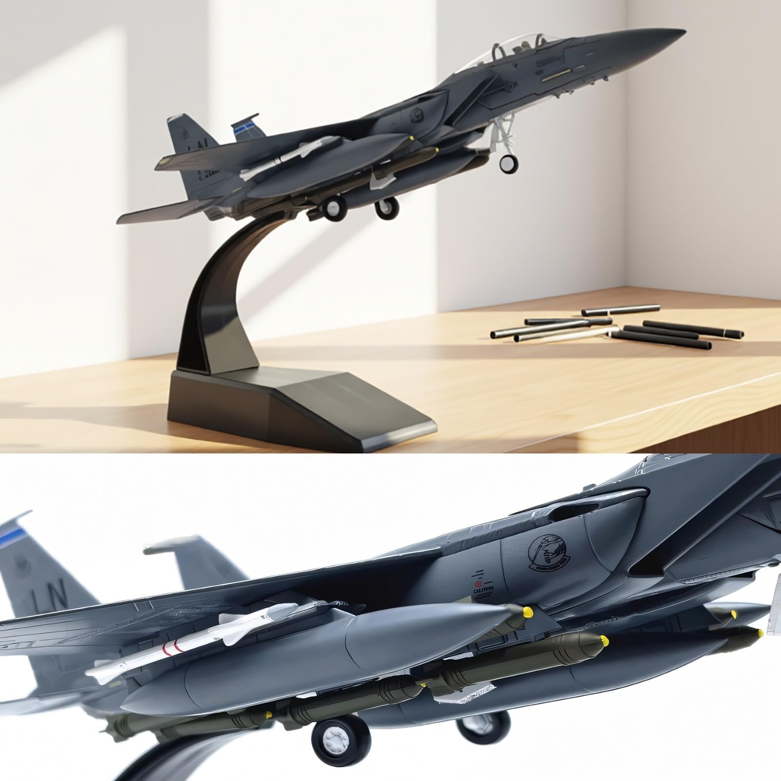 Modello di aereo da caccia F-15E in scala 1:100 in metallo pressofuso Aereo pesante preassemblato alta precisione con espositore, decorazioni for casa ufficio collezione
