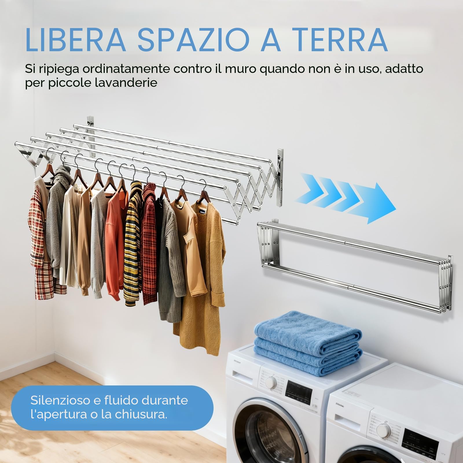 Stendibiancheria Estensibile da Parete,Stendibiancheria da Acciaio Inox per Interni ed Esterni con 7 Barre da 60 cm,Stendibiancheria Estensibile per Balconi e Sopravasca,60x52x18.5cm