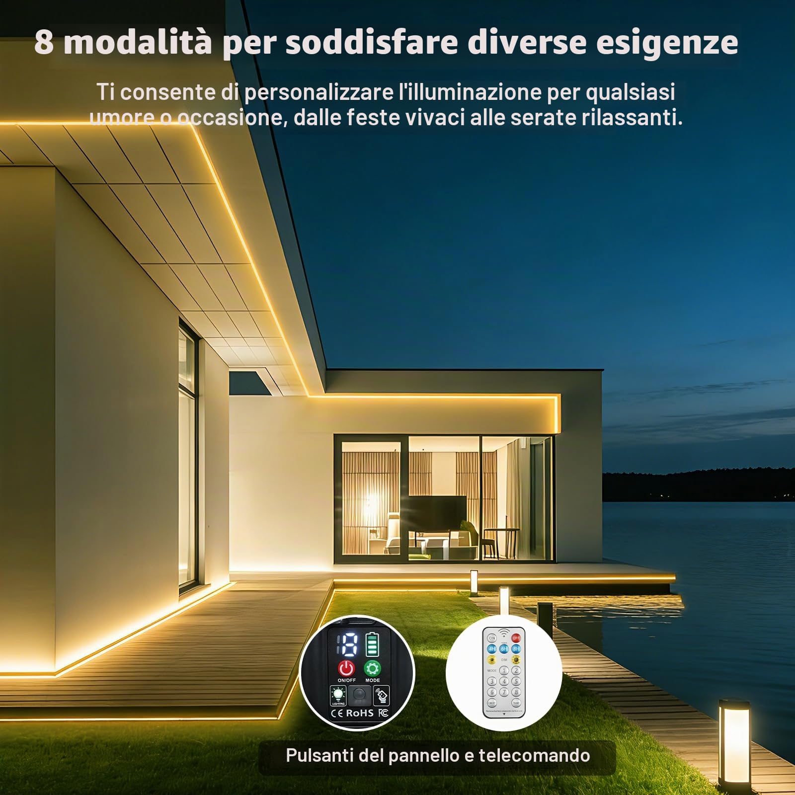 Striscia LED solare da 10 m, per esterni, 640 LED, impermeabile IP68, dimmerabile, con telecomando, 8 modalità di illuminazione e timer, ricaricabile, per balcone, giardino, terrazza, bianco