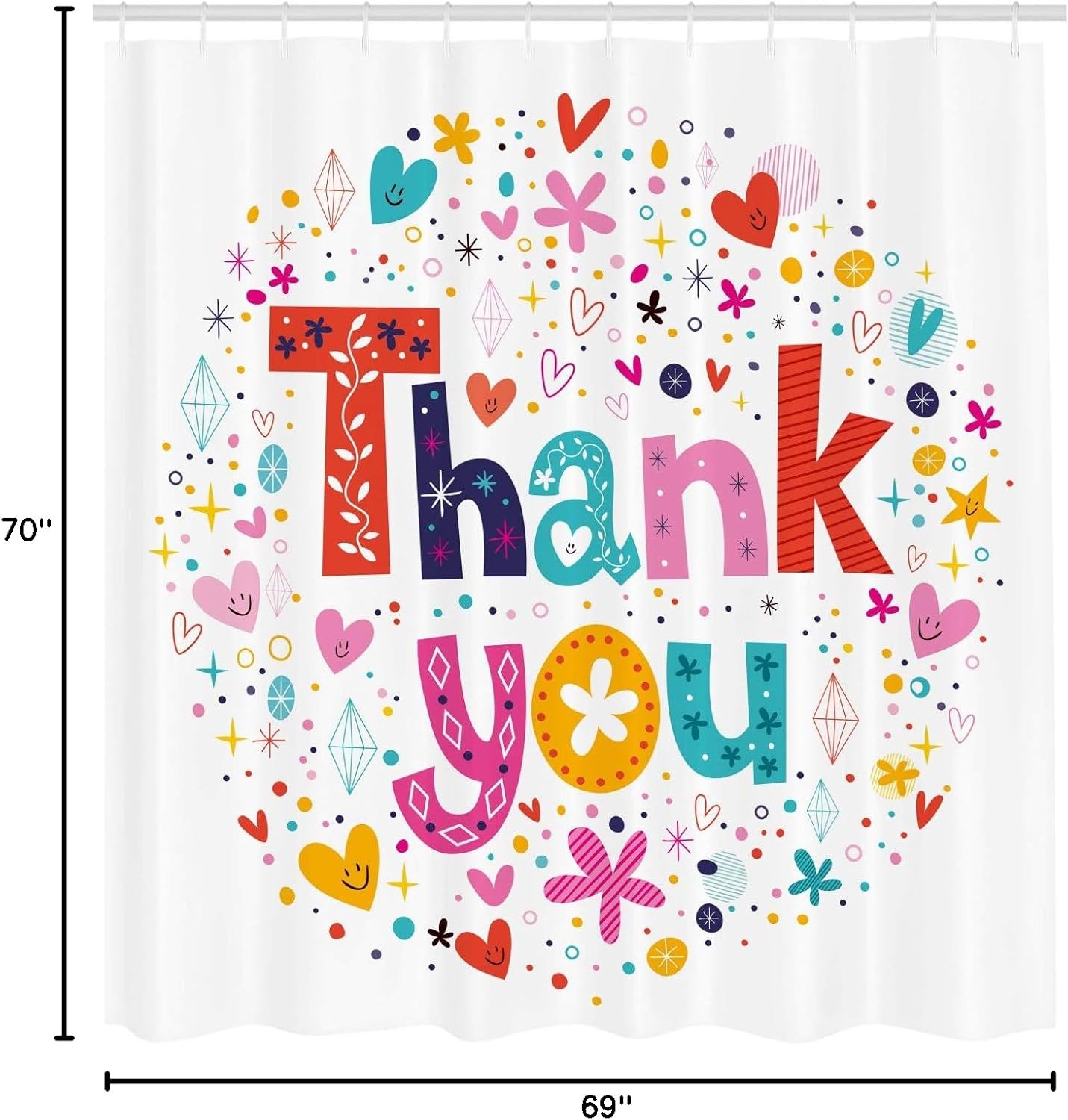 Ambesonne Thank You Shower Curtain, Colorful Calligraphy with Happy Hearts Stars and Flowers as Round Frame Graphic, Cloth Fabric Bathroom Decor Set with Hooks, 69" W x 70" L, Multicolor