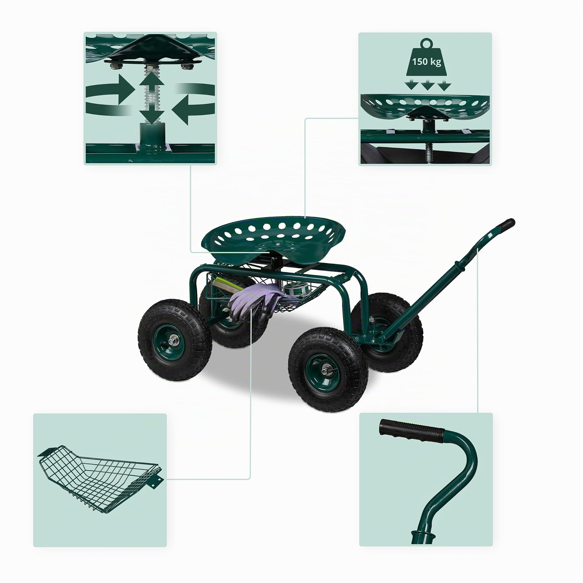 Relaxdays Sgabello Giardinaggio con Ruote, Carrello Portautensili Giardino, Altezza Regolabile, 150 kg, Acciaio, Verde
