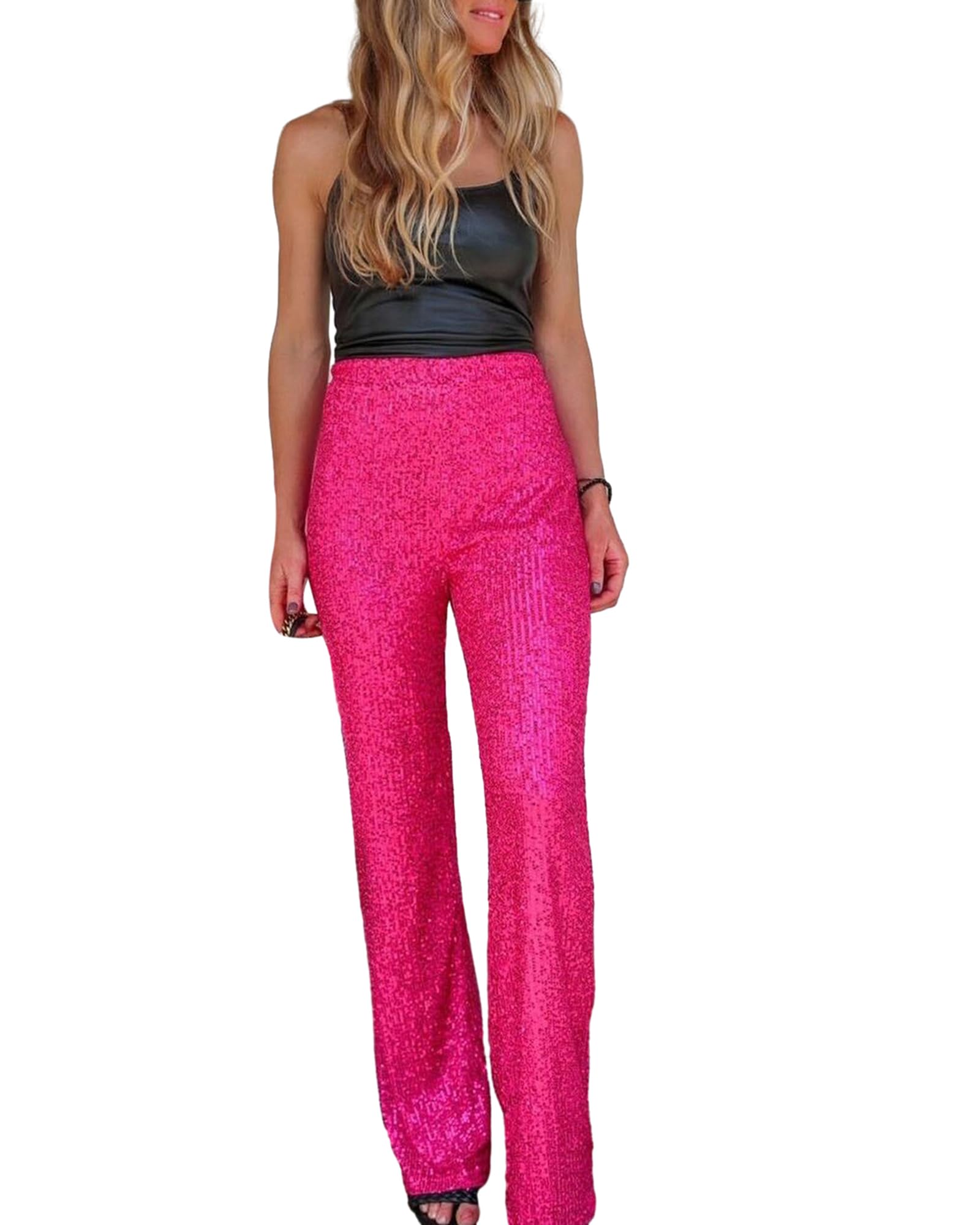 Owls-Yard Women Sequins Wide Leg Pants Shiny Loose Casual Trousers Elastic High Waist Trousers Office Streetwear A-Rose Red