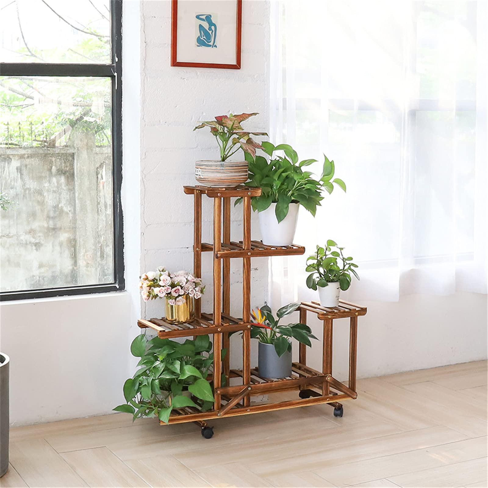 Portafiori in Legno con Ruote Stile Rustico Supporto per Piante in Legno