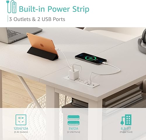 Miniatura 6 de Lufeiya Escritorio blanco en forma de L para computadora con cajones y estantes de almacenamiento, escritorio de esquina de 47 pulgadas con toma de