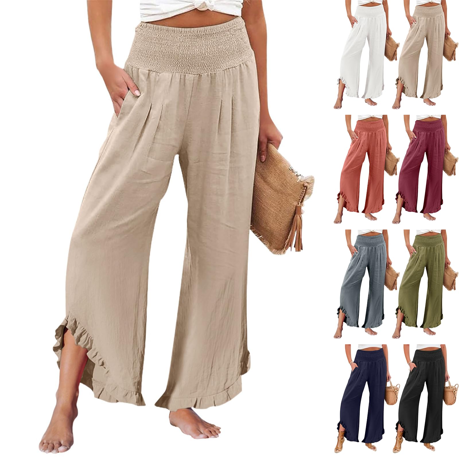 Cropped Pants for Women Baggy Elastic Waist Wide Leg Linen Pants Trendy High Waisted Split Comfy Trousers Pants with Pockets Vacation Tiered Harem Pants Bottoms Trending Womens Clothes