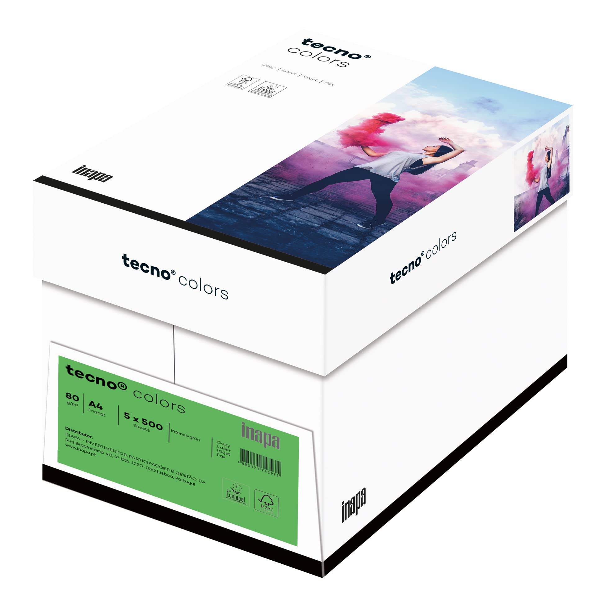 Inapa farbiges Druckerpapier, buntes Papier tecno Colors: 80 g/m², A4, 2.500 Blatt (5x500), intensivgrün