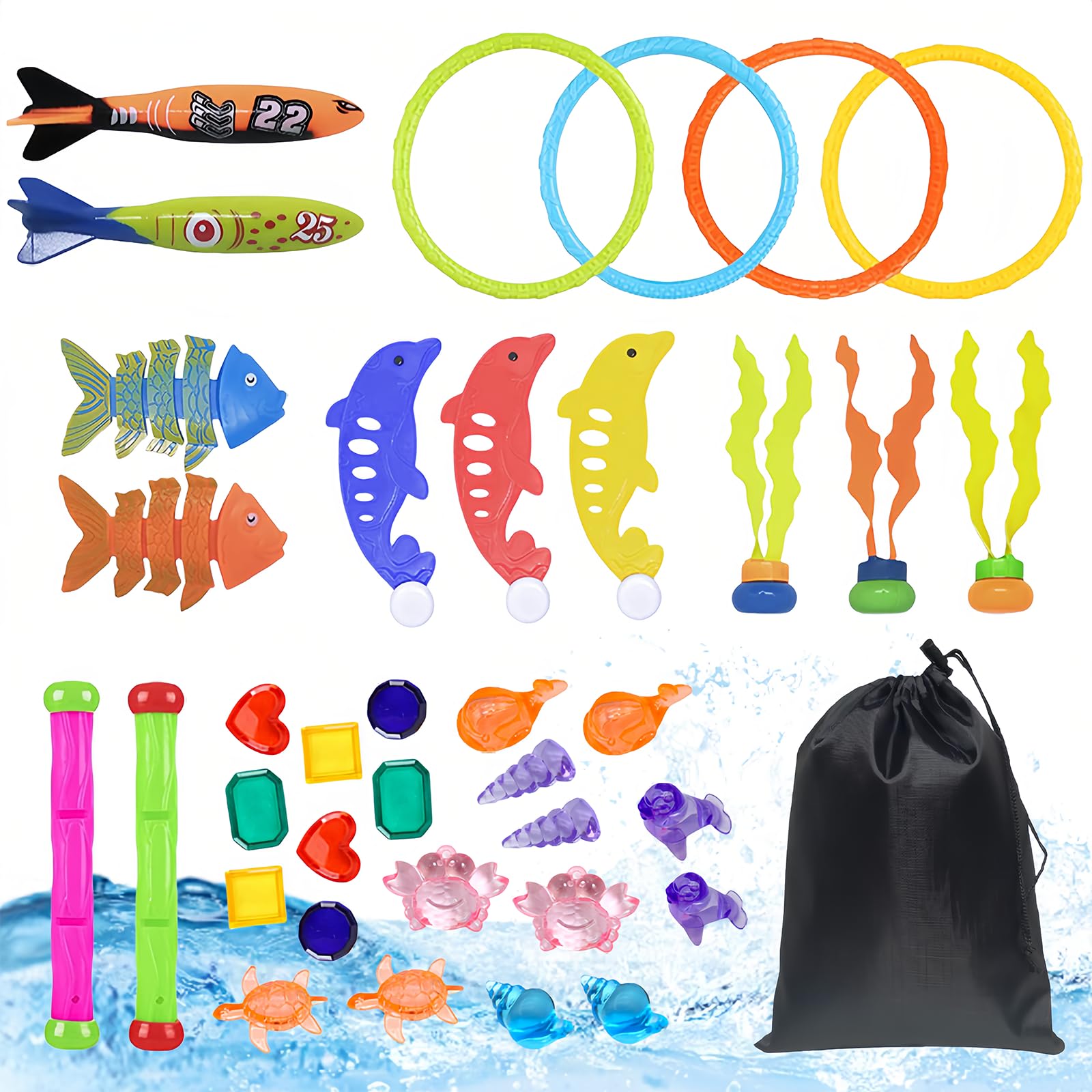 LAPPAZO 36 PCS Juegos Piscina para Niños Juguetes de Buceo Conjuntos de Juguetes Natación Subacuática con Bolsa de Almacenamiento Juegos de Agua en Verano para Niños