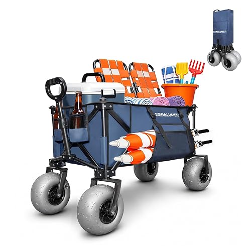 Deralumer X800 Heavy Duty Beach Wagon with 9x4 Balloon Wheels – 200L Foldable Wagon Cart, 41" Collapsible Utility Wagon with Side Bag for Beach Essentials, Sports, Camping & Outdoor (Navy Blue)