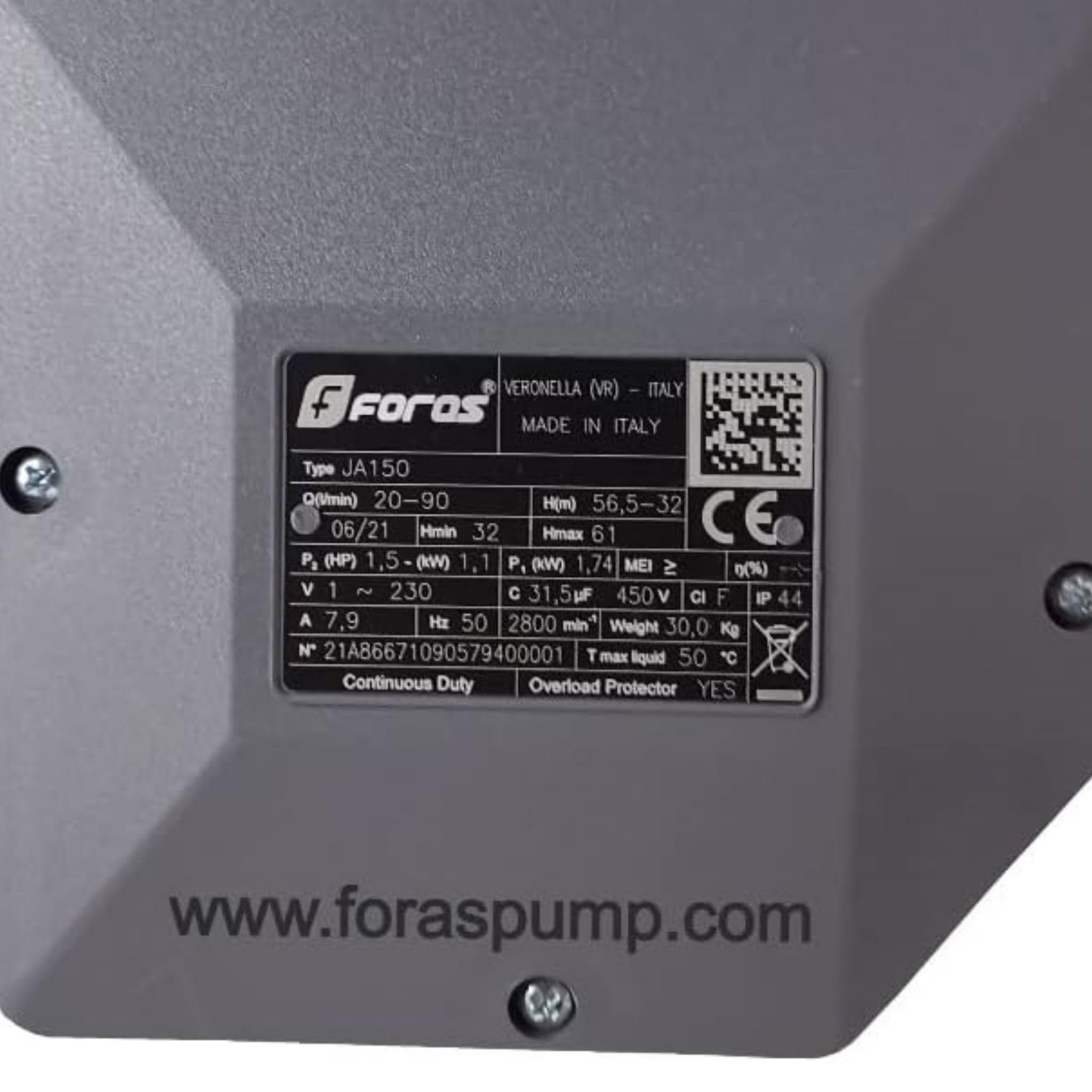 FORAS JA150 Pompe centrifuge électrique auto-amorçante, made in Italy, fonctionnement continu, 230V, 1.1 kW, 90 L/min, 61 m