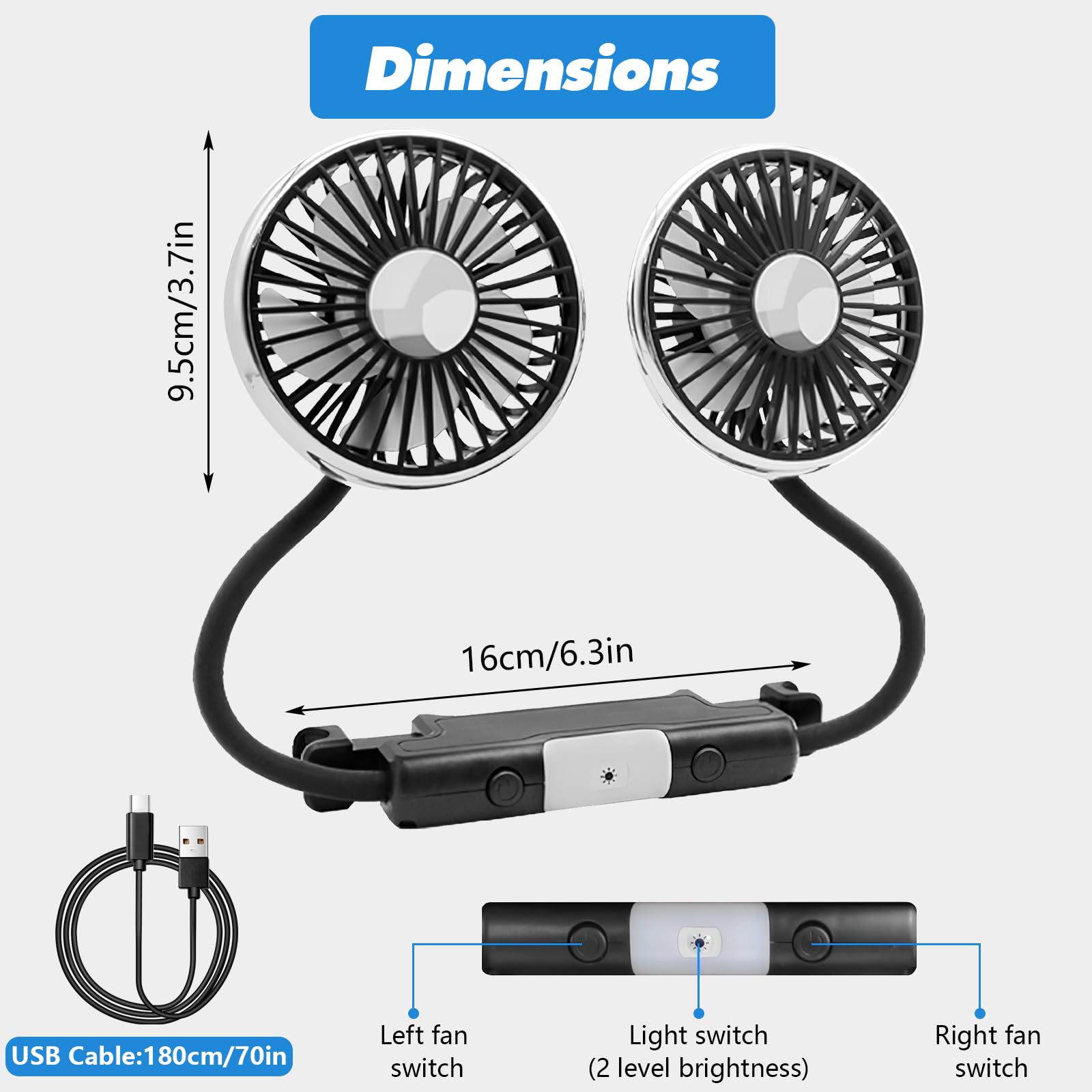 Ventilateur de voiture pour Banquette Arrière Ventilateur USB à Double Tête, 3 vitesses et rotation à 360° Ventilateur de refroidissement Automatique de Voiture, s pour camion SUV RV