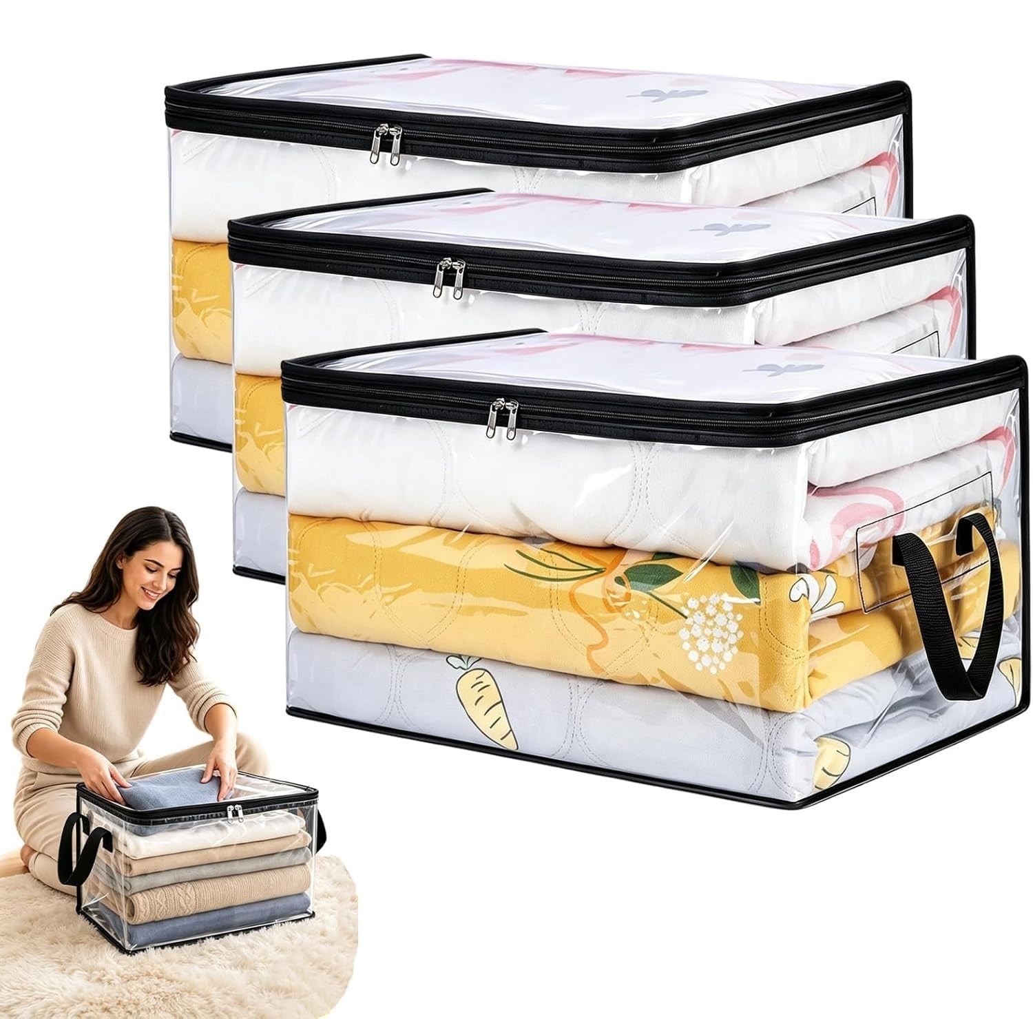 Extra Large Clear PVC Storage Bags with Zipper & Reinforced Handles, Heavy-Duty Thick Plastic Organizer Bags for Clothes, Bedding, Dorm, Moving & Camping(3pcs)