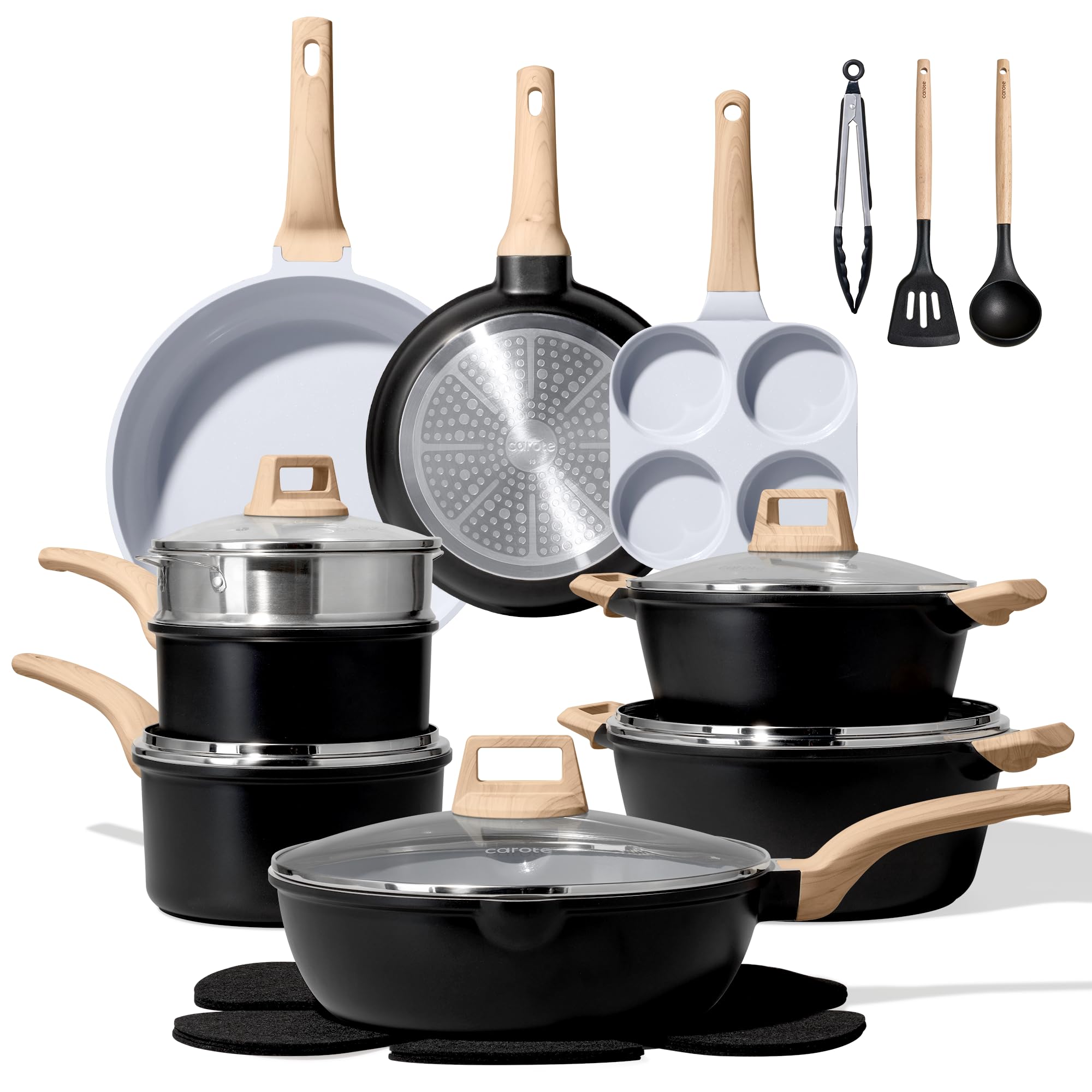 CAROTE 21pcs Pots and Pans Set Nonstick, Cookware Set Black Induction Kitchen Cooking Set w/Frying Pans & Saucepans(PFOS, PFOA Free)