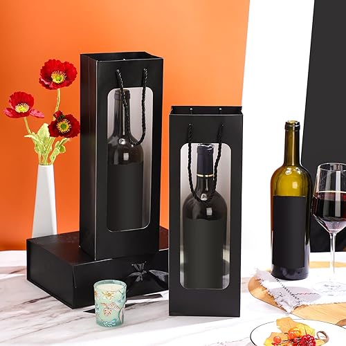 Miniatura 2 de Tioncy 24 bolsas de regalo de botella de vino individual de Navidad, bolsas de champán para bodas a granel con ventana transparente, cajas Negro