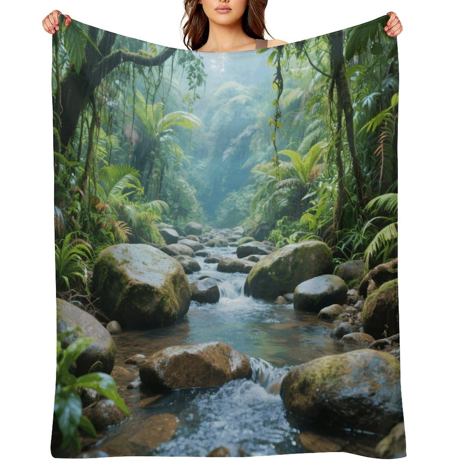 Rainforest Stream Beach Throw Blanket for Couch and Bed Super Soft Warm Lightweight Throw Blankets Cozy Fuzzy Flannel Blanket Personalized Decorative Blankets for Sofa Decor 40"x50"