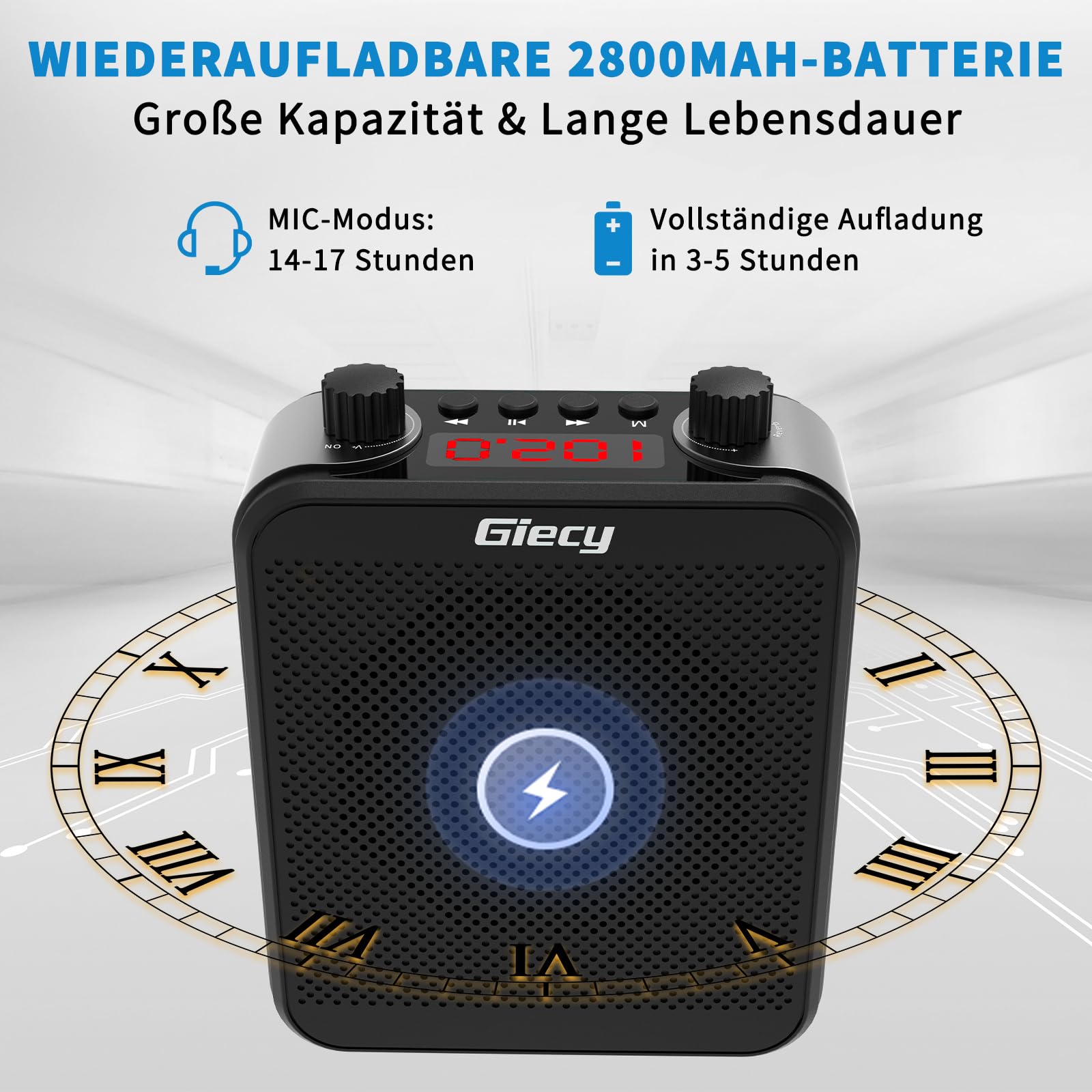 Sprachverstärker tragbar mit Mikrofon 7,4V/2800mAh Akku (14-17 Std. Laufzeit), Bluetooth, TF-Karte/USB, Aufnahme, Echo-Funktion, für Lehrer, Reiseführer, Konferenzen, Innen- & Außenbereic