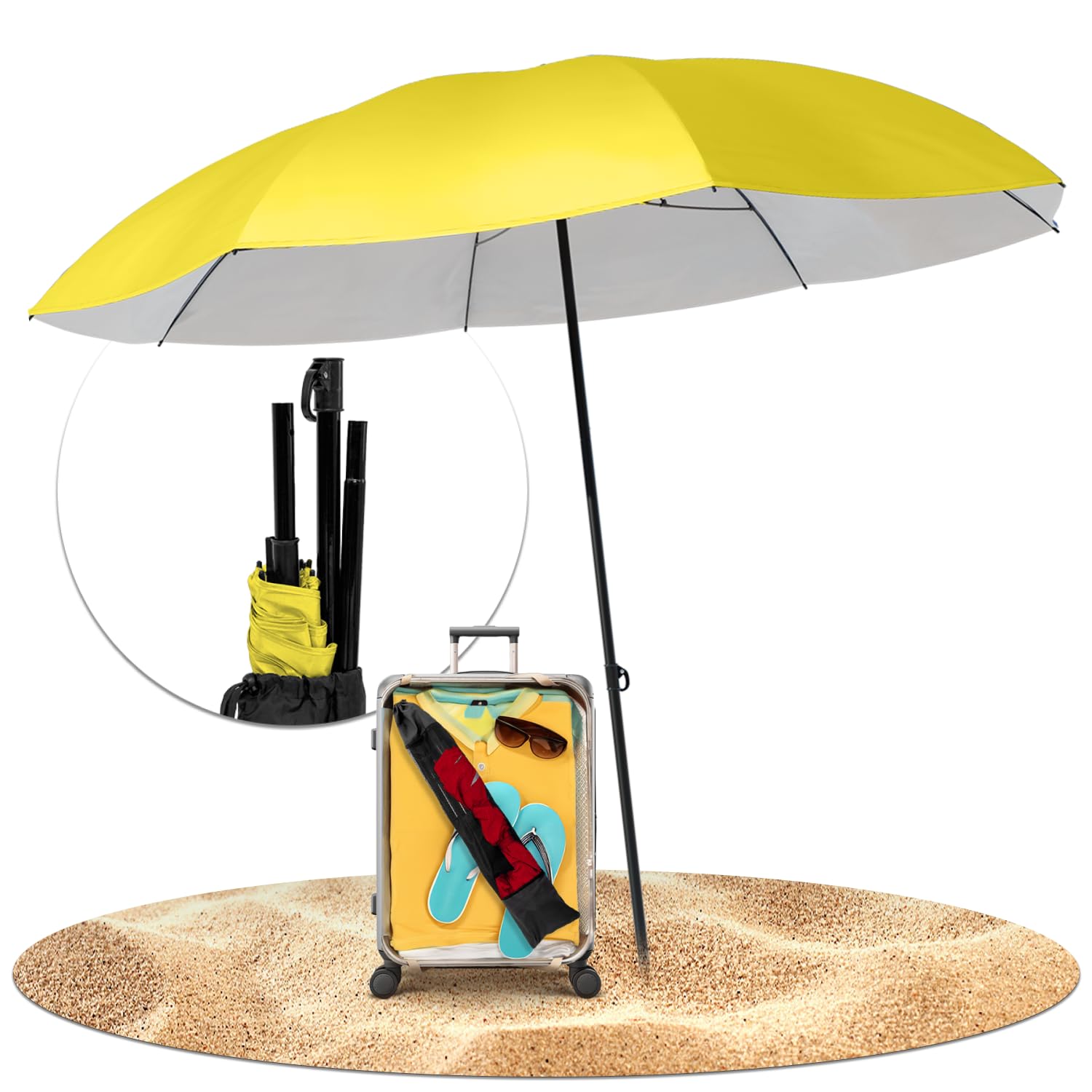 STYNGARD Niza - Sombrilla de viaje con protección UV 50+ [155 cm - Sombrilla de playa con cuerdas tensoras