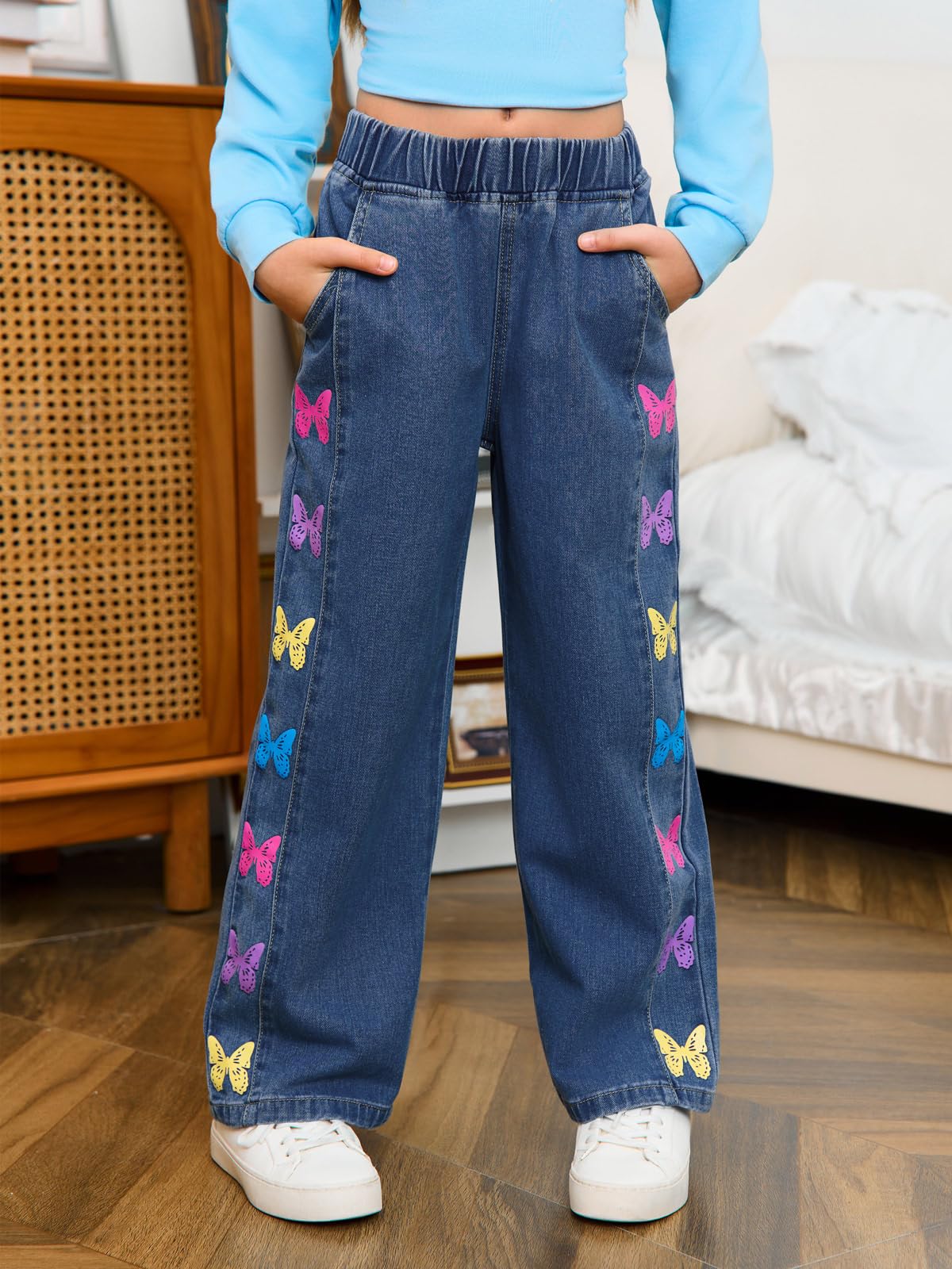 Haloumoning Mädchen Jeans Schmetterlingsprint Denim Hosen Kinder Baggy Jeanshosen weitem Bein Elastisch Streetwear mit Taschen