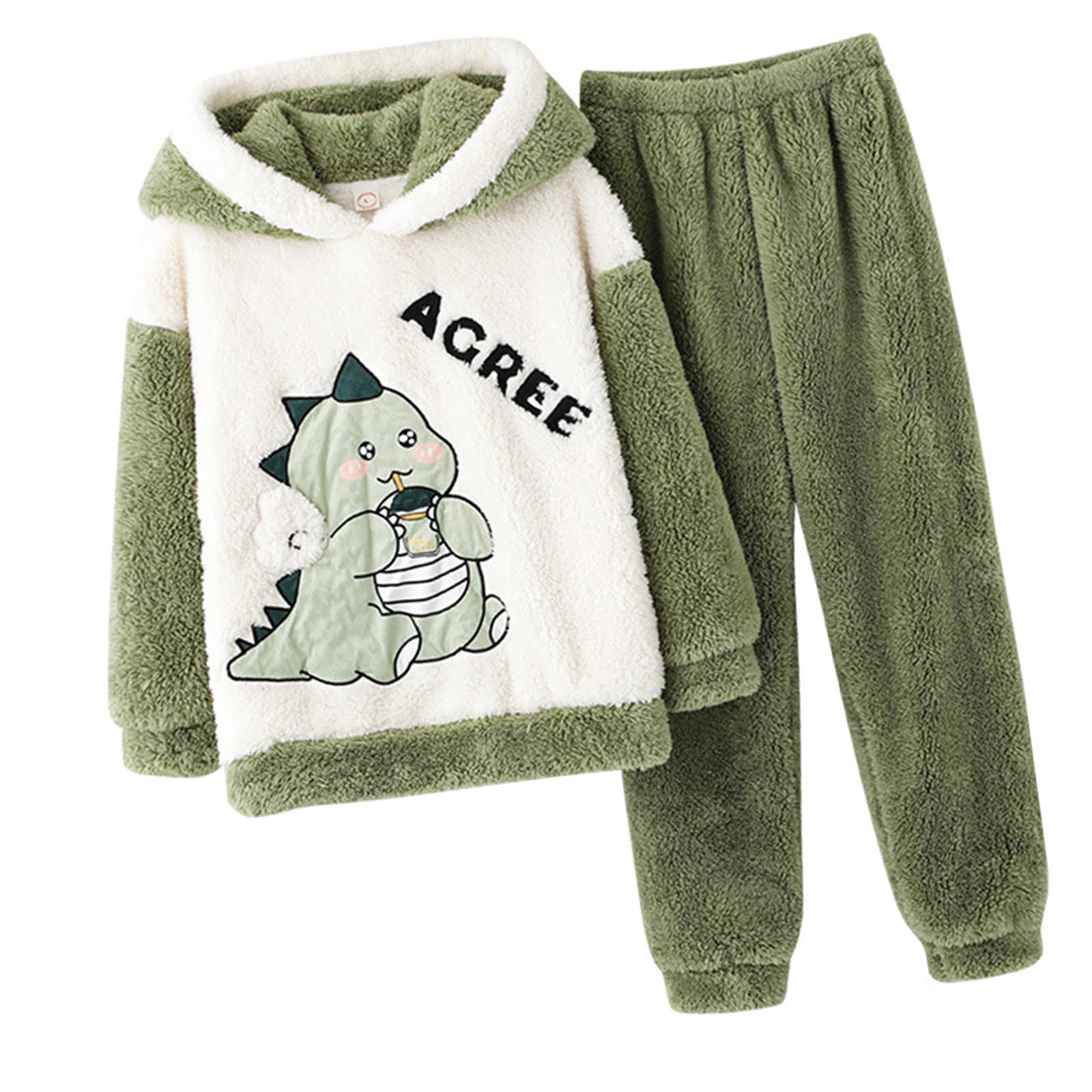 Conjunto de pijama de forro polar, sudadera térmica con capucha y pantalones con patrón de dinosaurio, ropa de dormir para clima frío, conjunto de pijama de franela para mujer