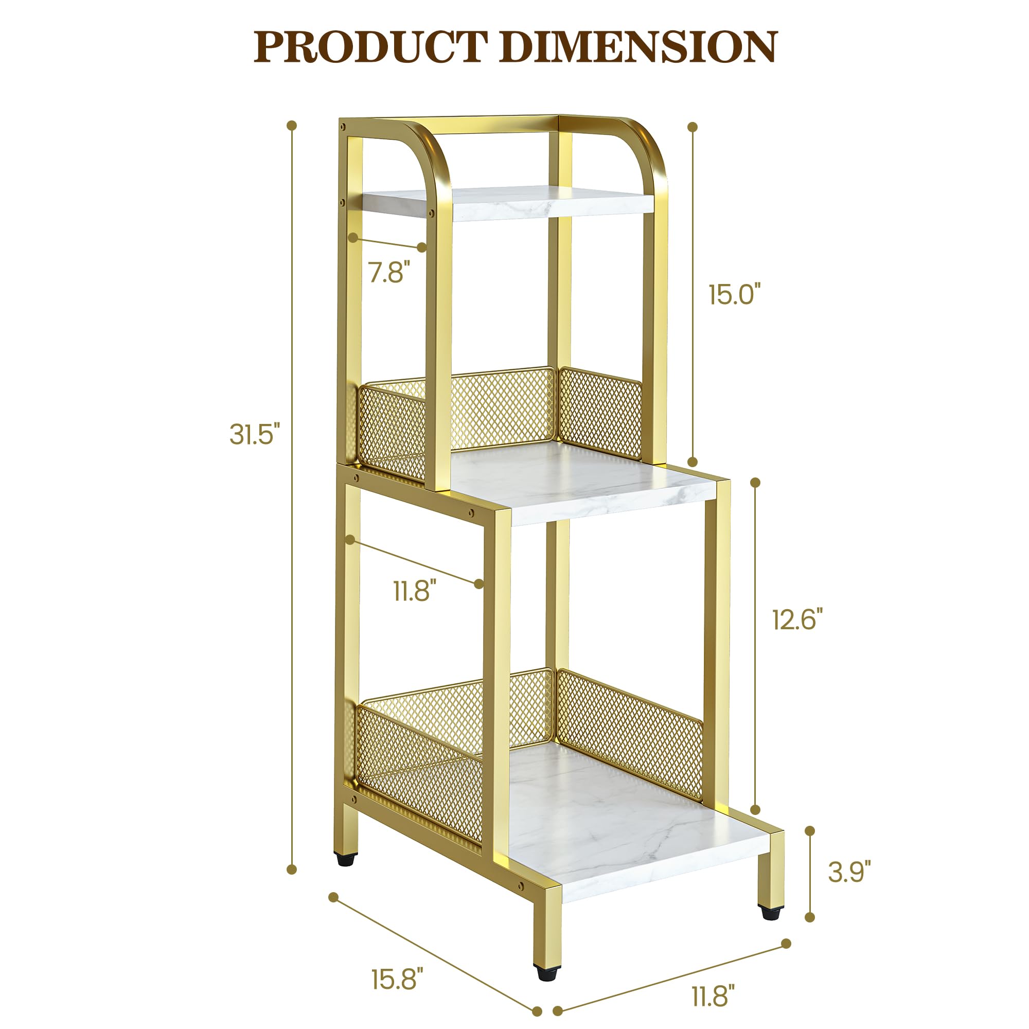 Garvee Modernes 3-stöckiges Leiterregal – schmales Büro-Bücherregal – platzsparendes freistehendes Regal für Wohnzimmer, Schlafzimmer, Küche – Metallrahmen mit Marmor-Holz-Böden – Farbe: Gold