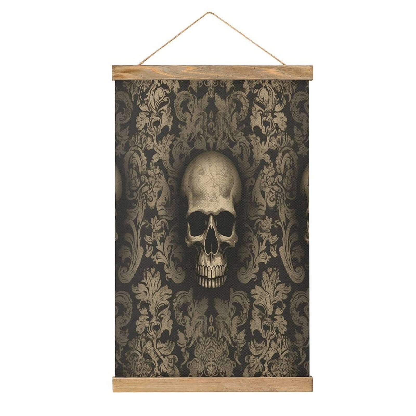 VstaDank Gothic Wallpaper Skull Hanging Poster with Wooden Frame Modern Linen Hanging Painting Retro Style Wall Decor Art Painting for Living Room,Bedroom Decor Poster Frame 20.4x13.1inch
